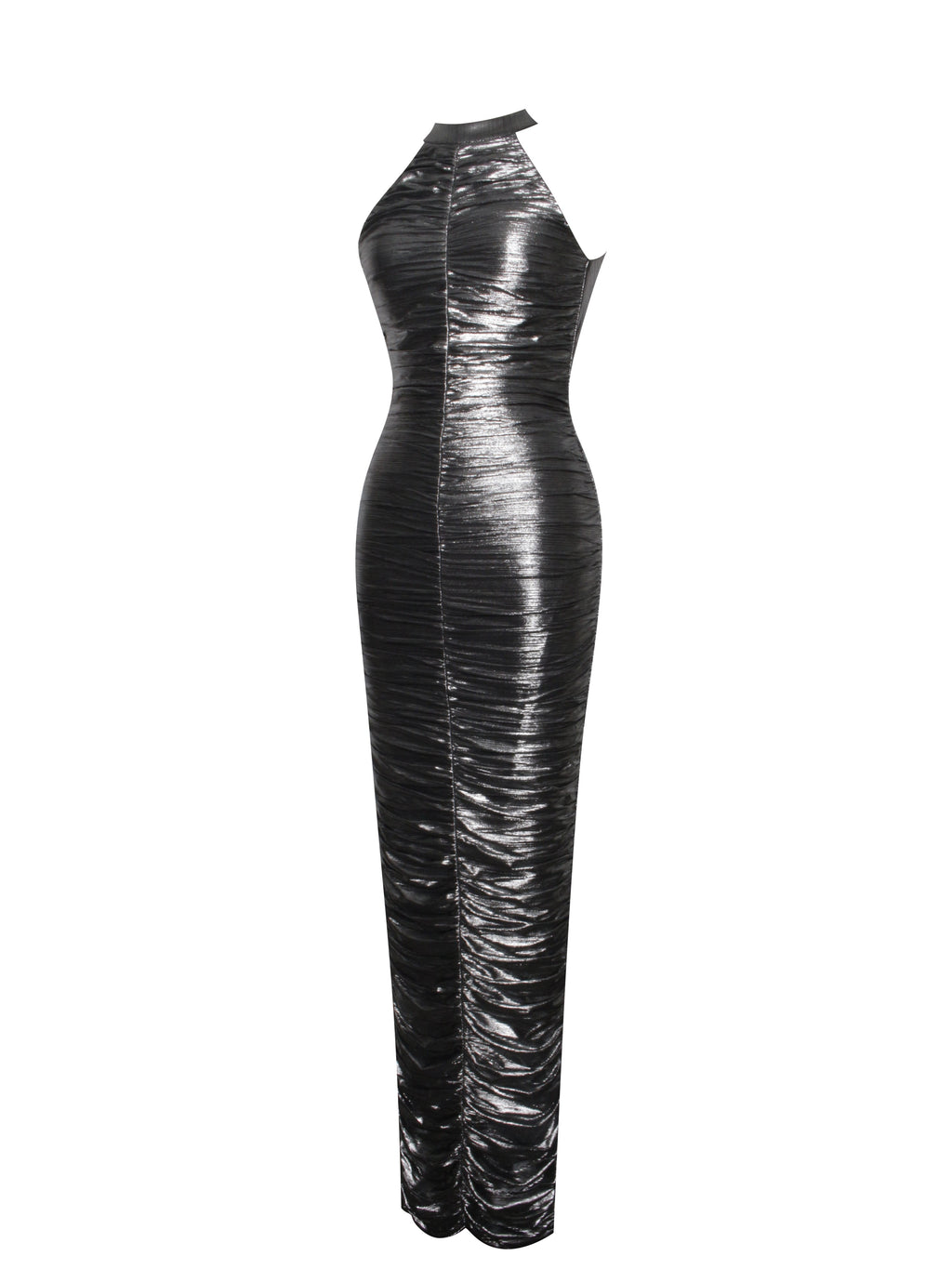 Abril Ruched Silver Glitter Backless Gown - HOUSE OF SHE