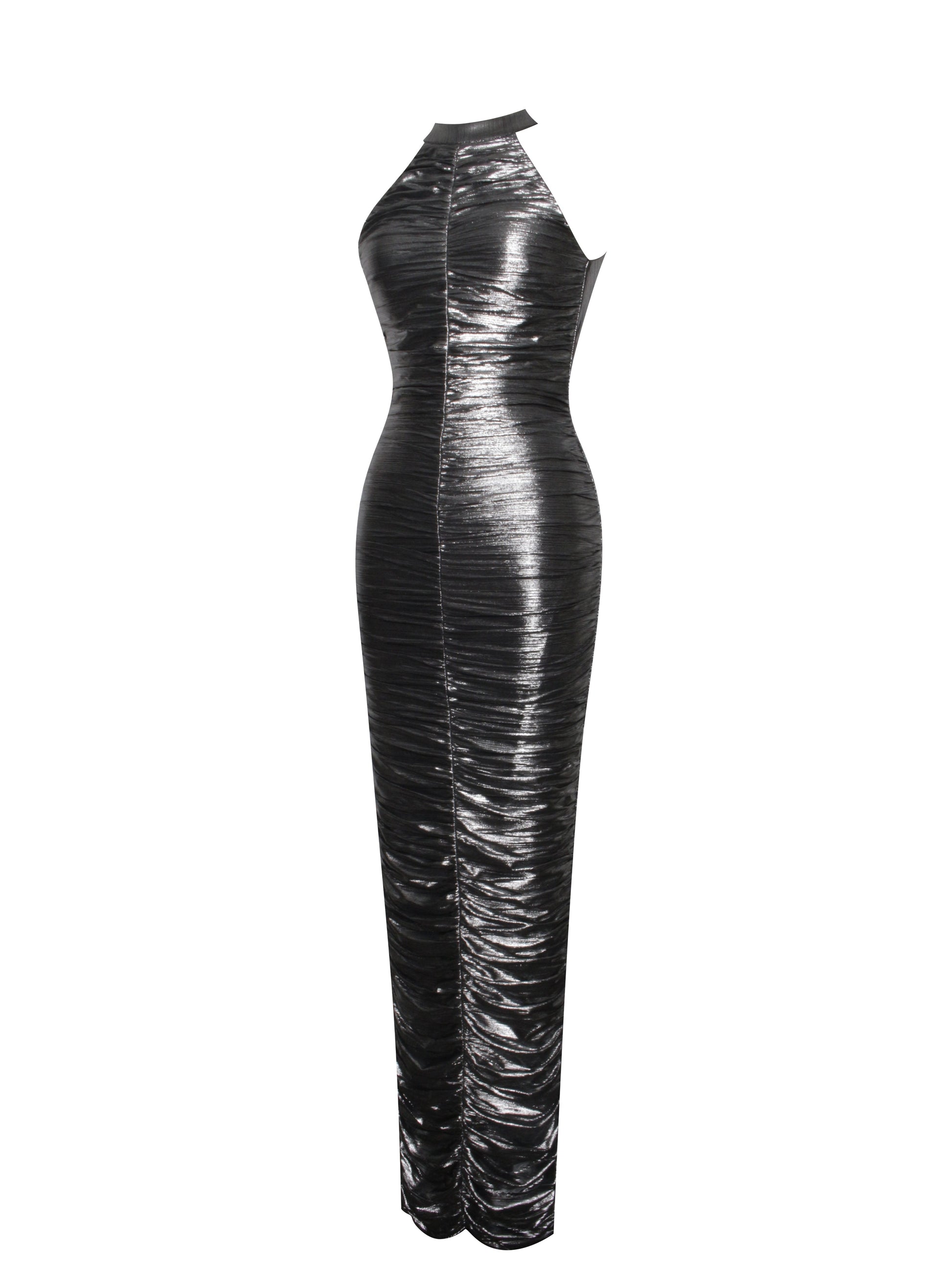 Abril Ruched Silver Glitter Backless Gown - HOUSE OF SHE