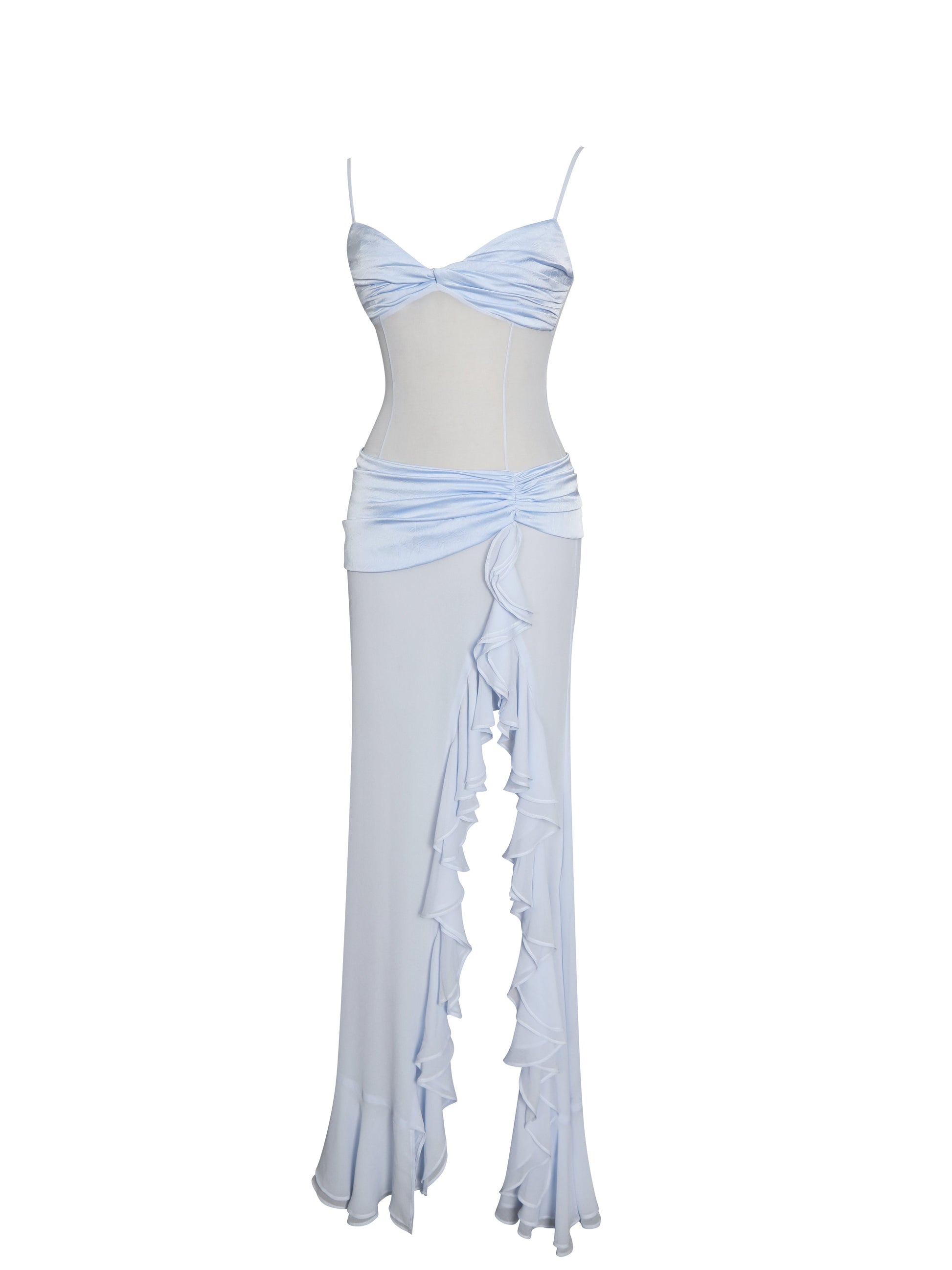 Lacy Blue Ruched Breast High Slit Chiffon Dress - HOUSE OF SHE