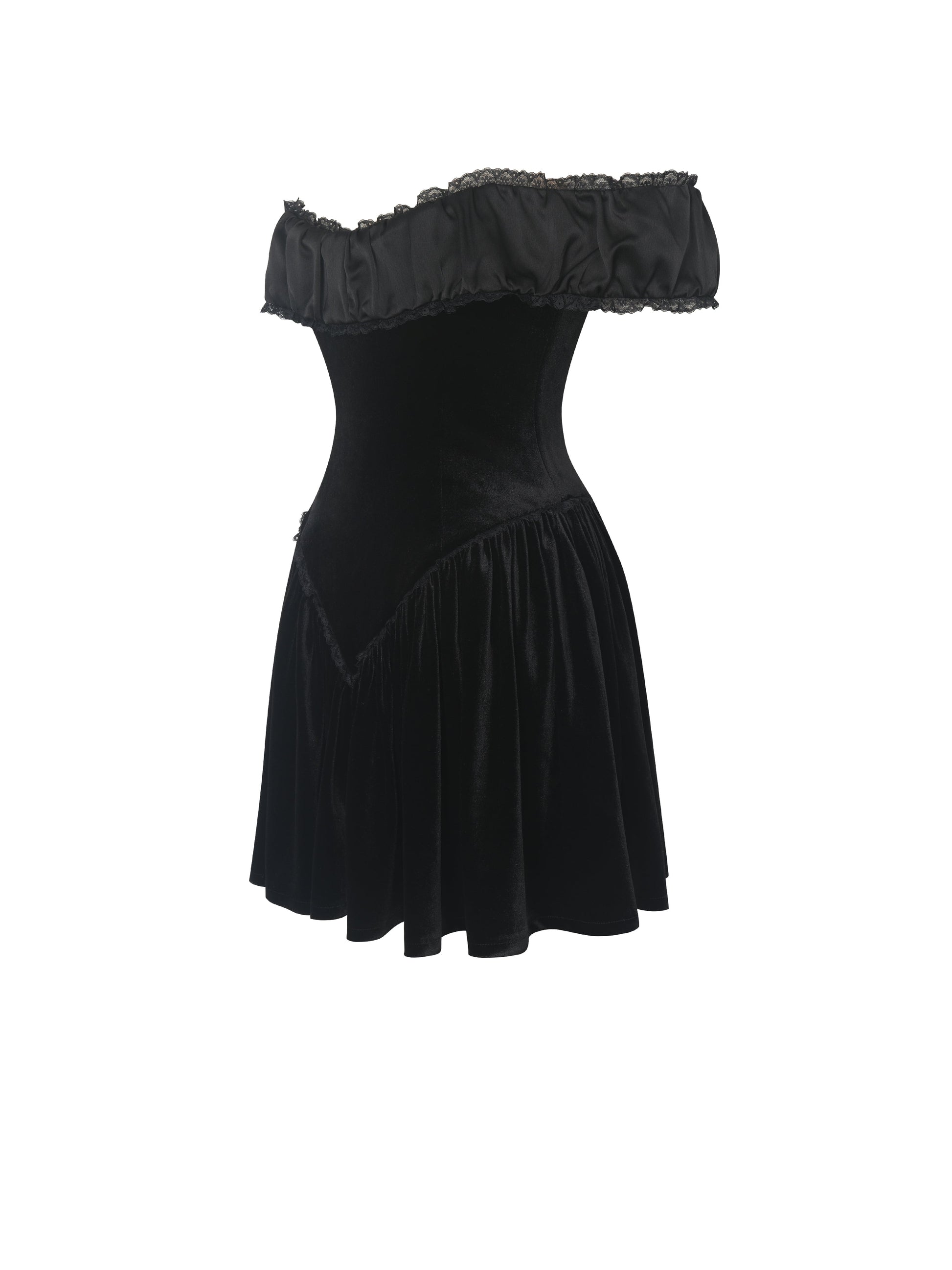 Daisha Black Lace Trimmed Off-Shoulder Ruched Mini Dress