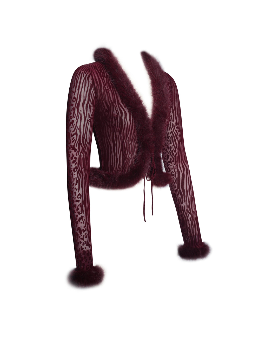 Hali Burgundy Animal Print Burnout Velvet Fur Trim Top - HOUSE OF SHE