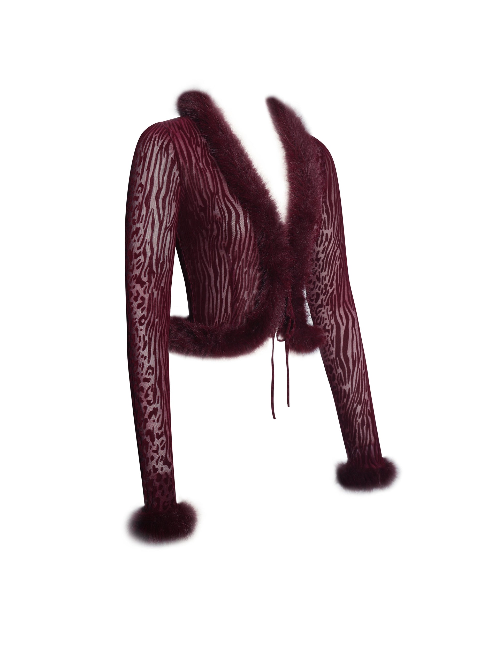 Hali Burgundy Animal Print Burnout Velvet Fur Trim Top - HOUSE OF SHE