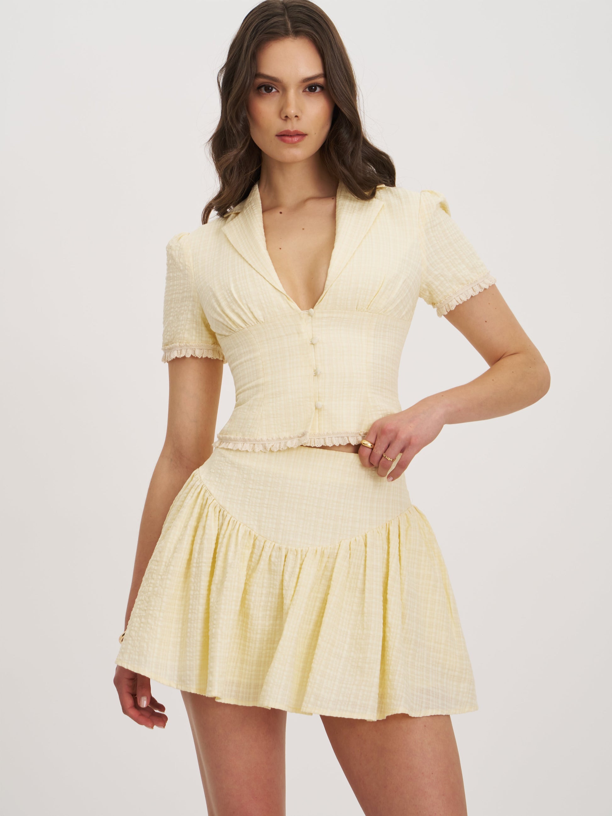 Odelie Yellow Drop Waist  Seersucker Full Skirt - HOUSE OF SHE