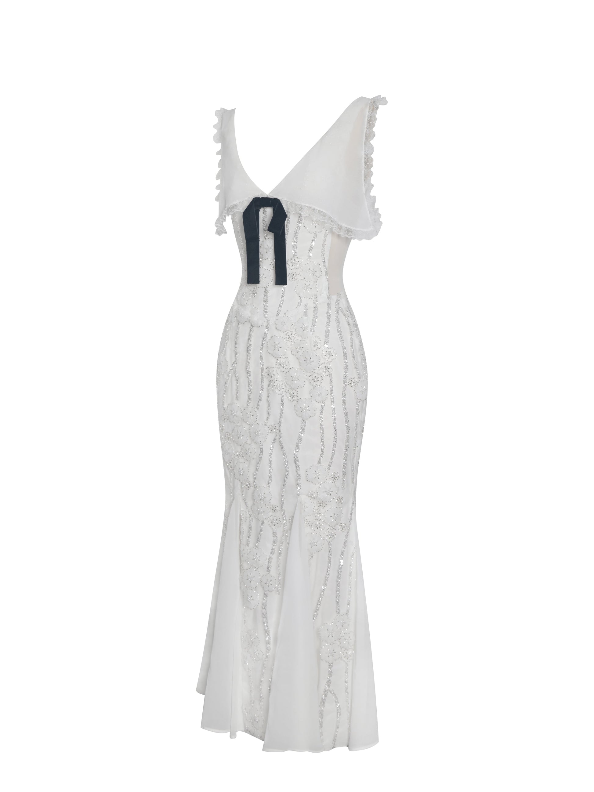 Paola White Peter Pan Collar Beaded Sequin Mermaid Midi Dress