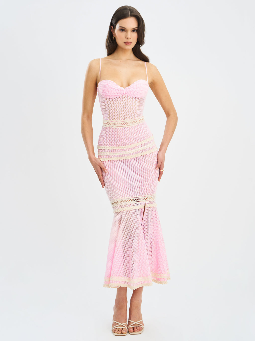 Pallas Pink Lace Trim Crochet Mermaid Maxi Dress - HOUSE OF SHE