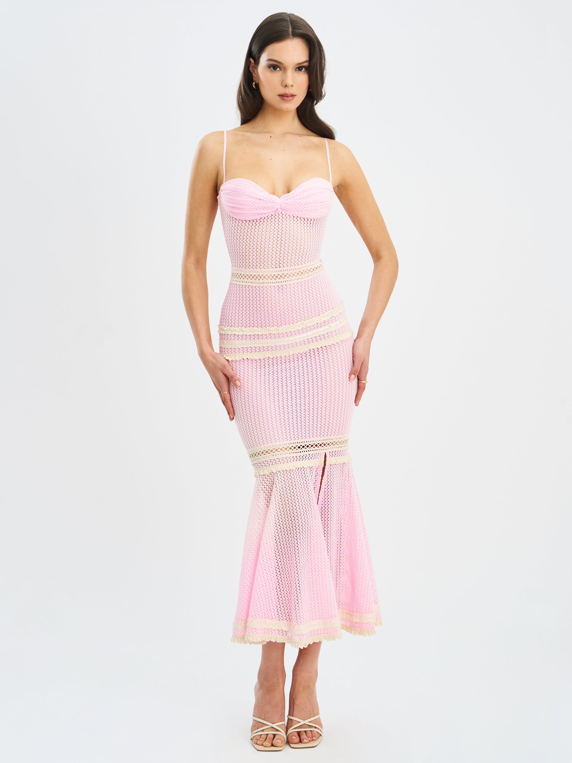 Pallas Pink Lace Trim Crochet Mermaid Maxi Dress - HOUSE OF SHE