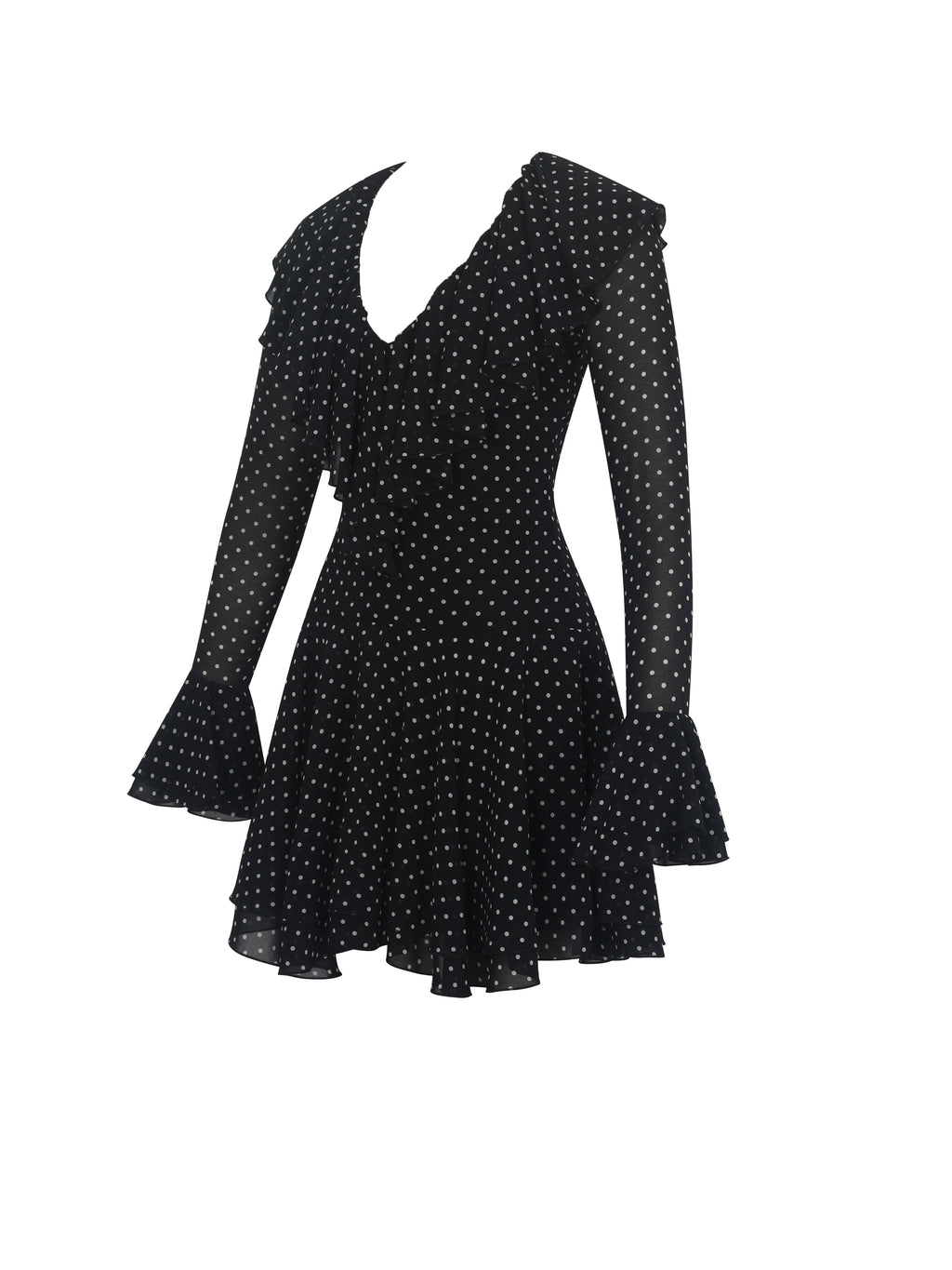 Omari Black Chiffon Polka Dot Ruffled Neckline Mini Dress