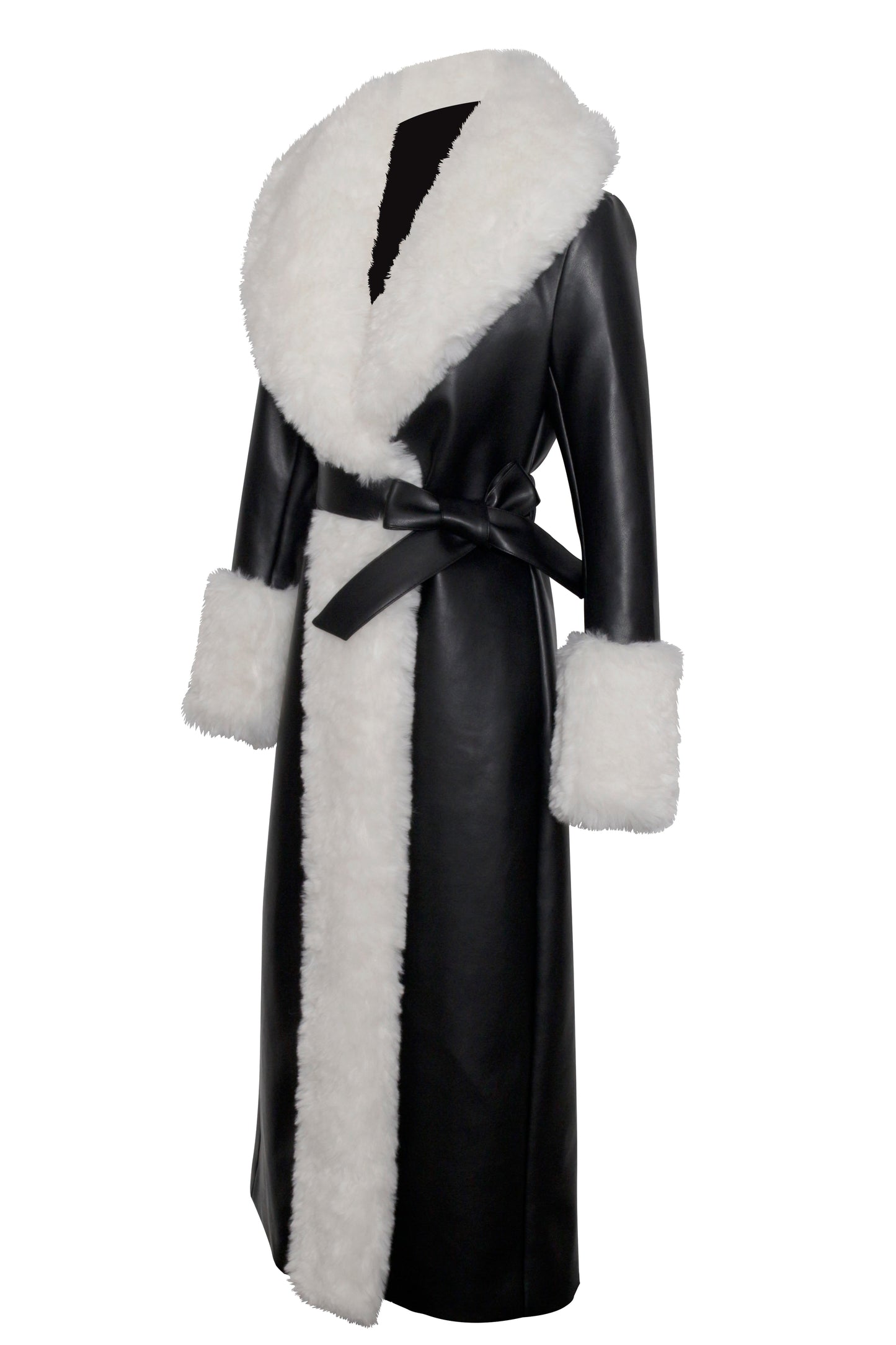 Zaida White Faux Fur Trim Black Vegan Leather Coat