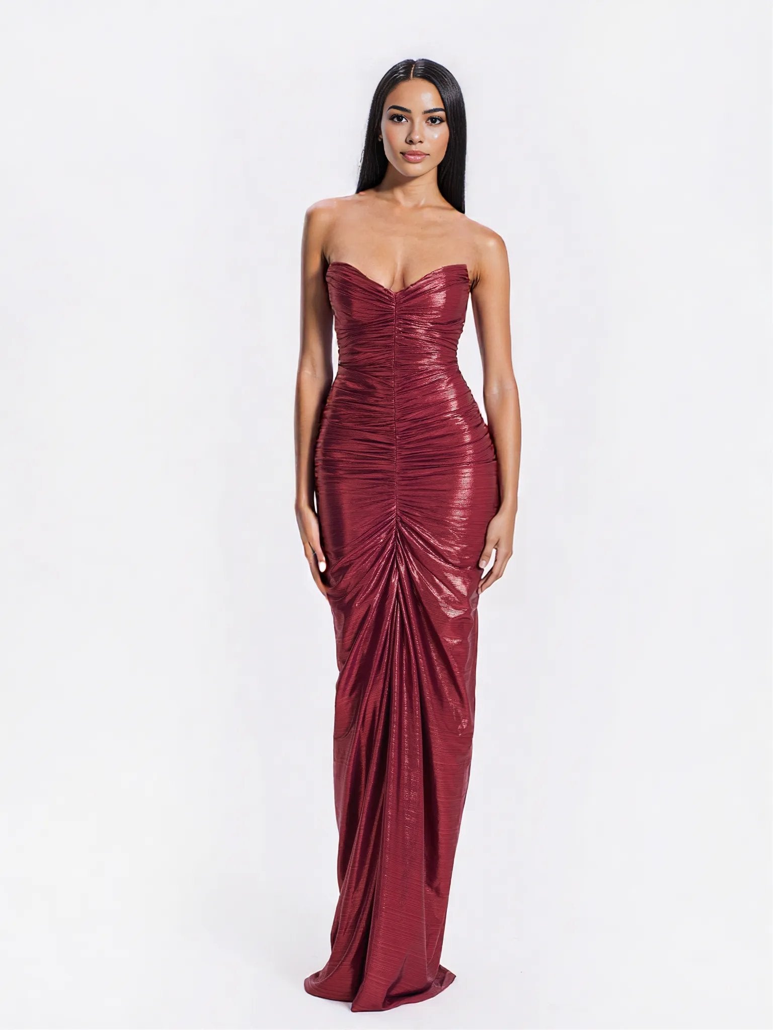 Sable Ruched Burgundy Glitter Mermaid Gown - HOUSE OF SHE