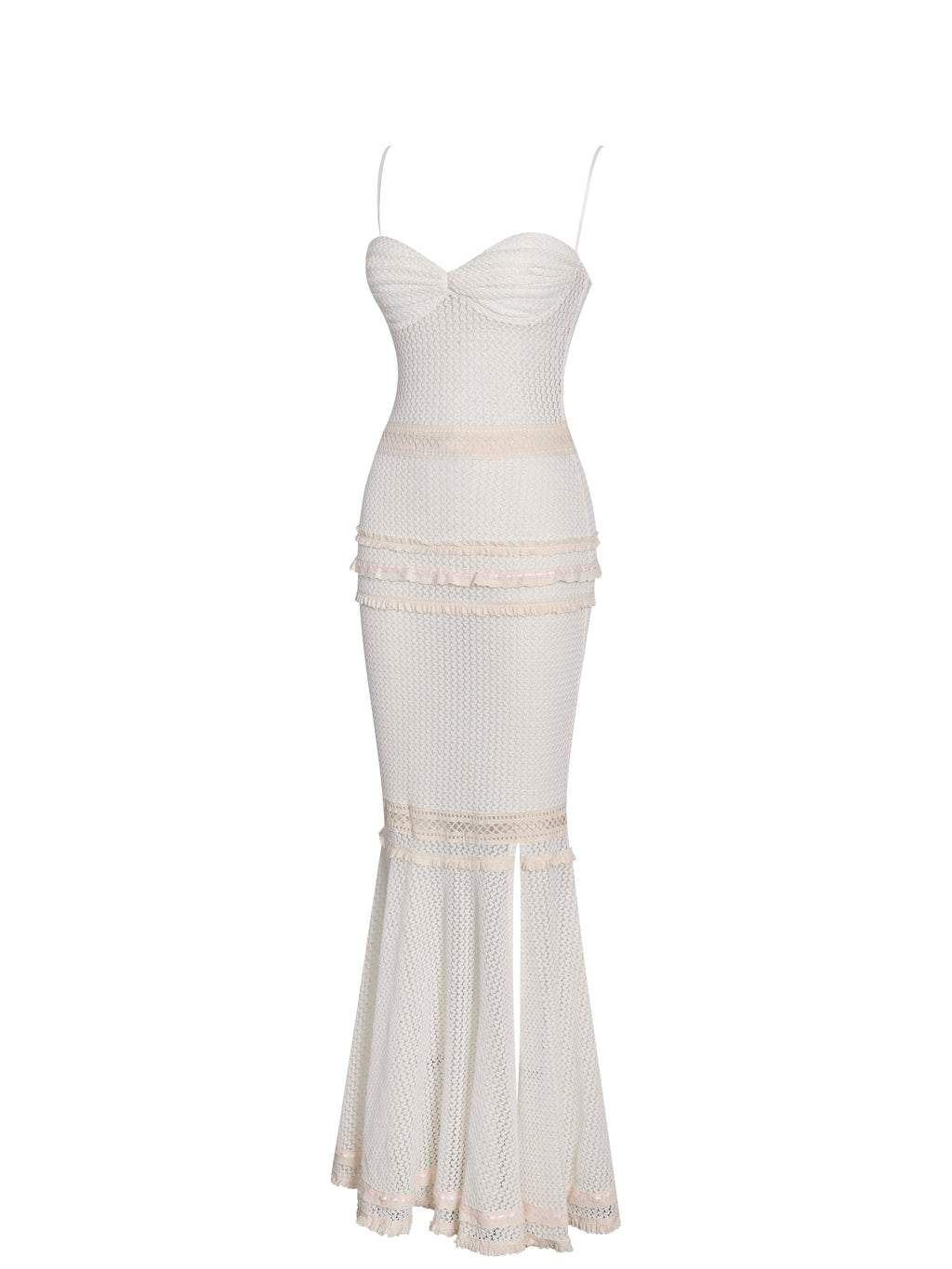 Pallas Beige Lace Trim Crochet Mermaid Maxi Dress - HOUSE OF SHE