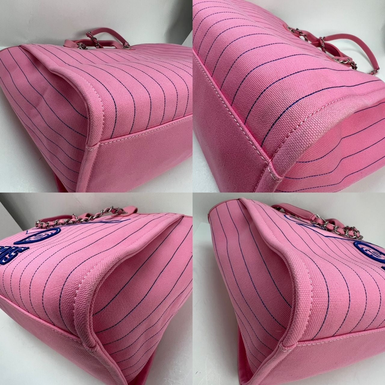 Chanel Canvas Calfskin Striped Medium Deauville Pink Tote - HOUSE OF SHE