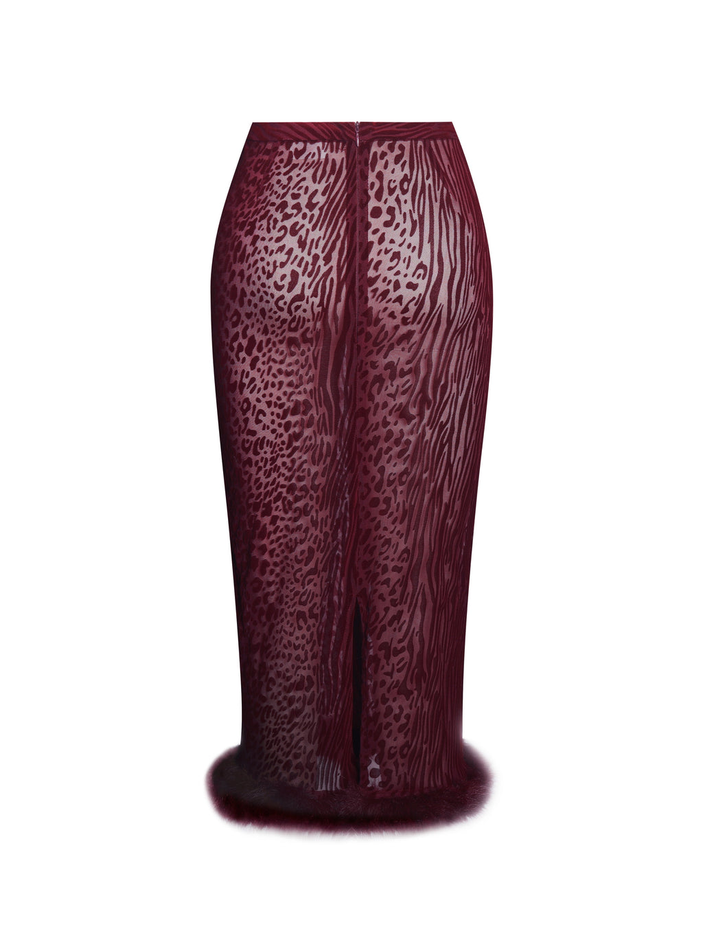 Halia Burgundy Animal Print Burnout Velvet Fur Trim Skirt - HOUSE OF SHE