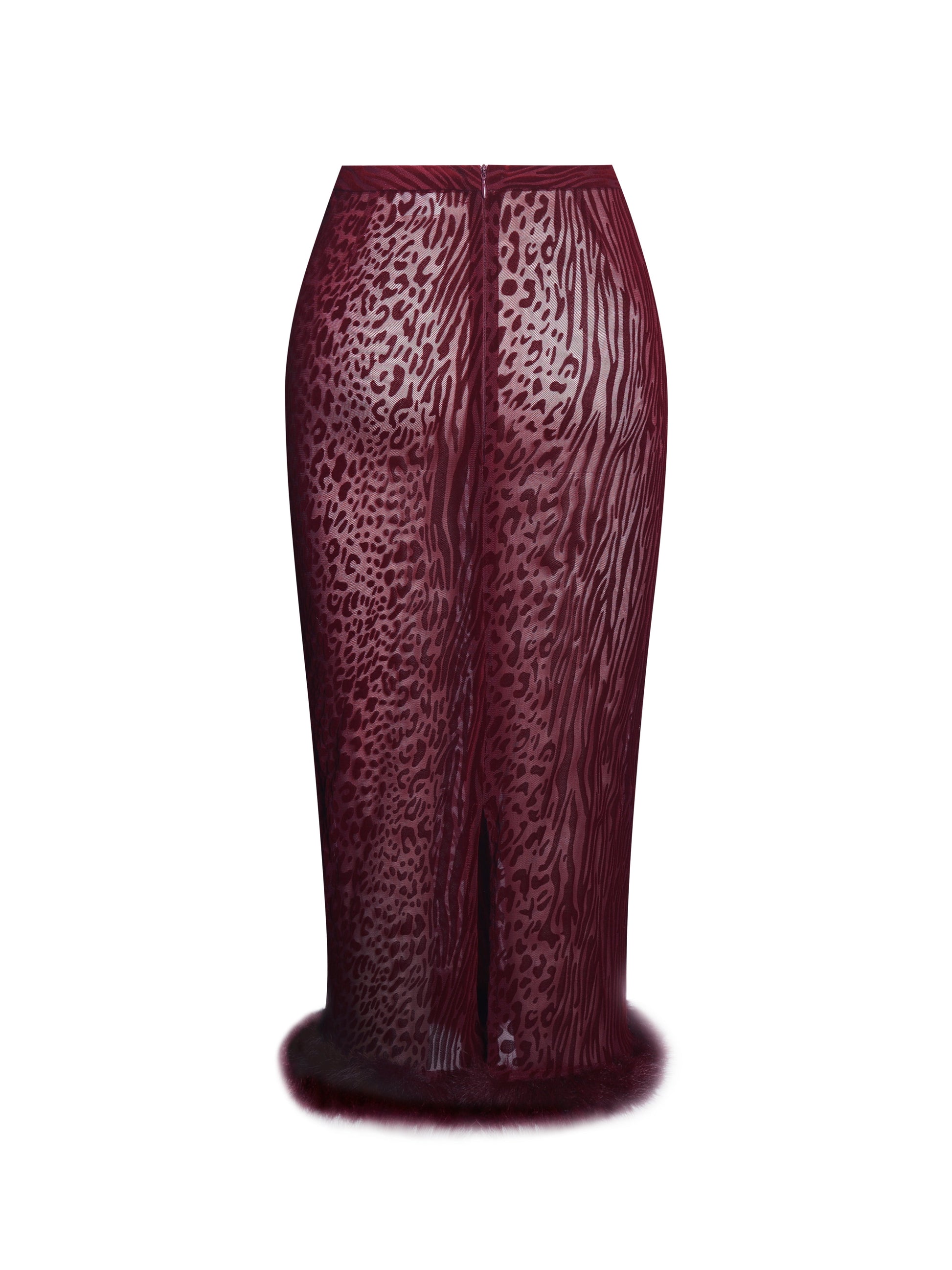 Halia Burgundy Animal Print Burnout Velvet Fur Trim Skirt - HOUSE OF SHE