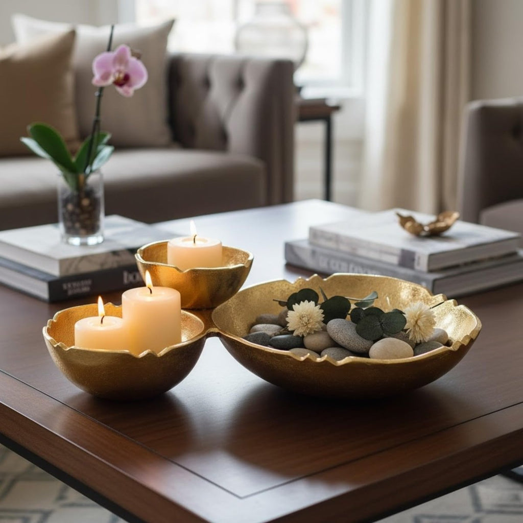 3 Cluster Decorative Bowls Bright Gold Brass Snack Tray Bowl Chip - HOUSE OF SHE