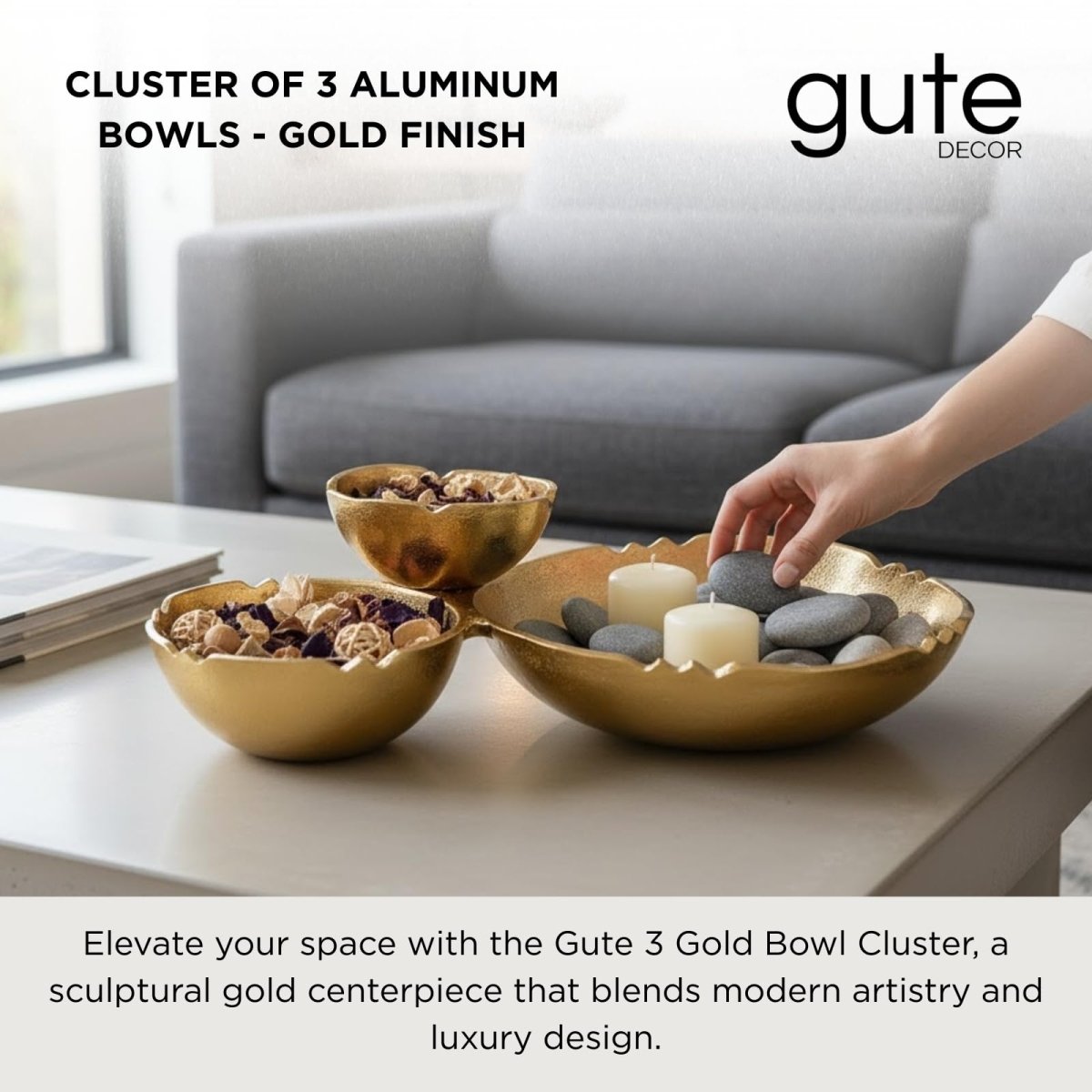 3 Cluster Decorative Bowls Bright Gold Brass Snack Tray Bowl Chip - HOUSE OF SHE