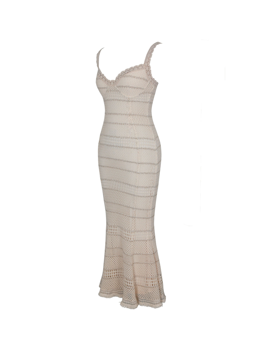 Xiomara Beige & Gold Stripe Crochet Knit Mermaid Midi Dress