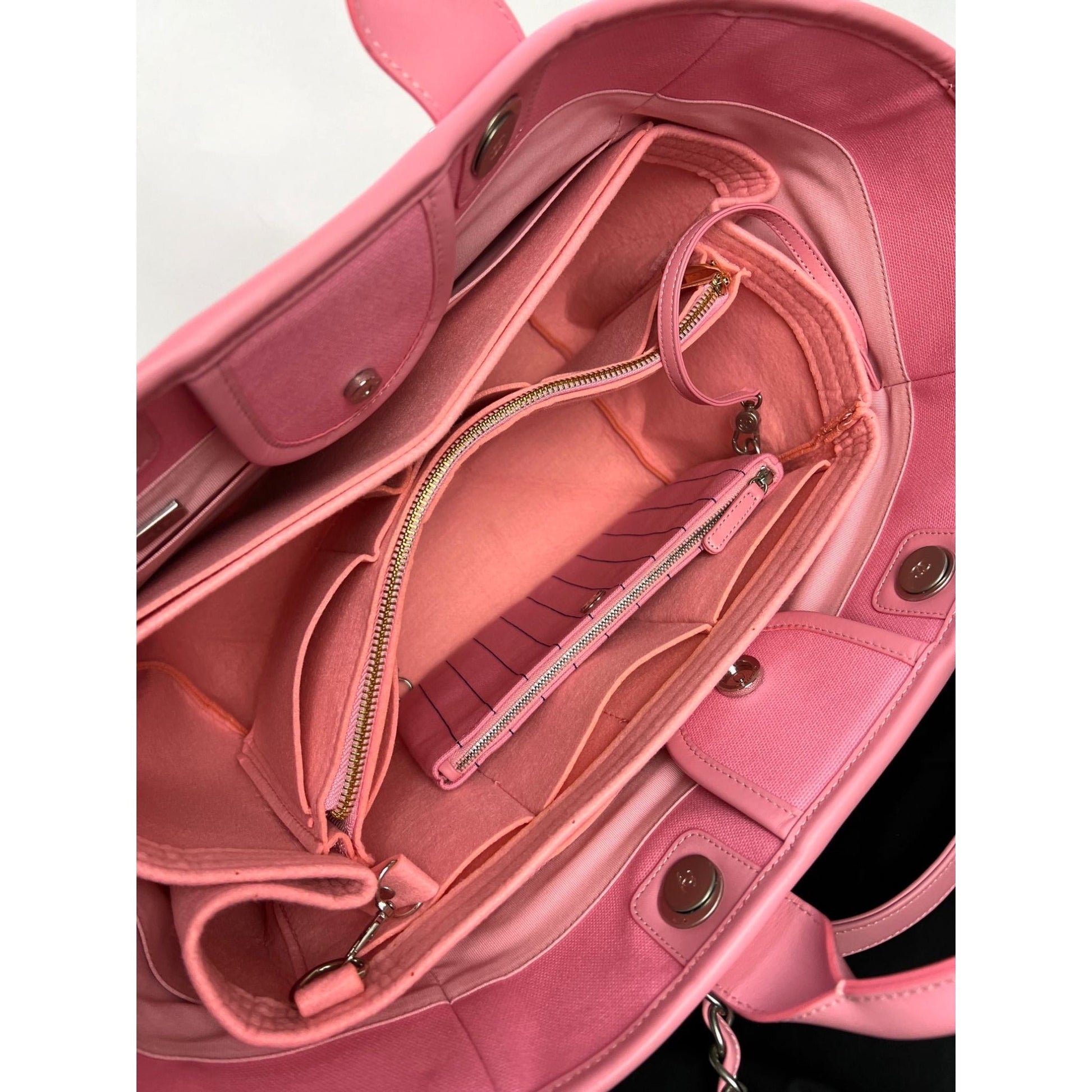Chanel Canvas Calfskin Striped Medium Deauville Pink Tote - HOUSE OF SHE