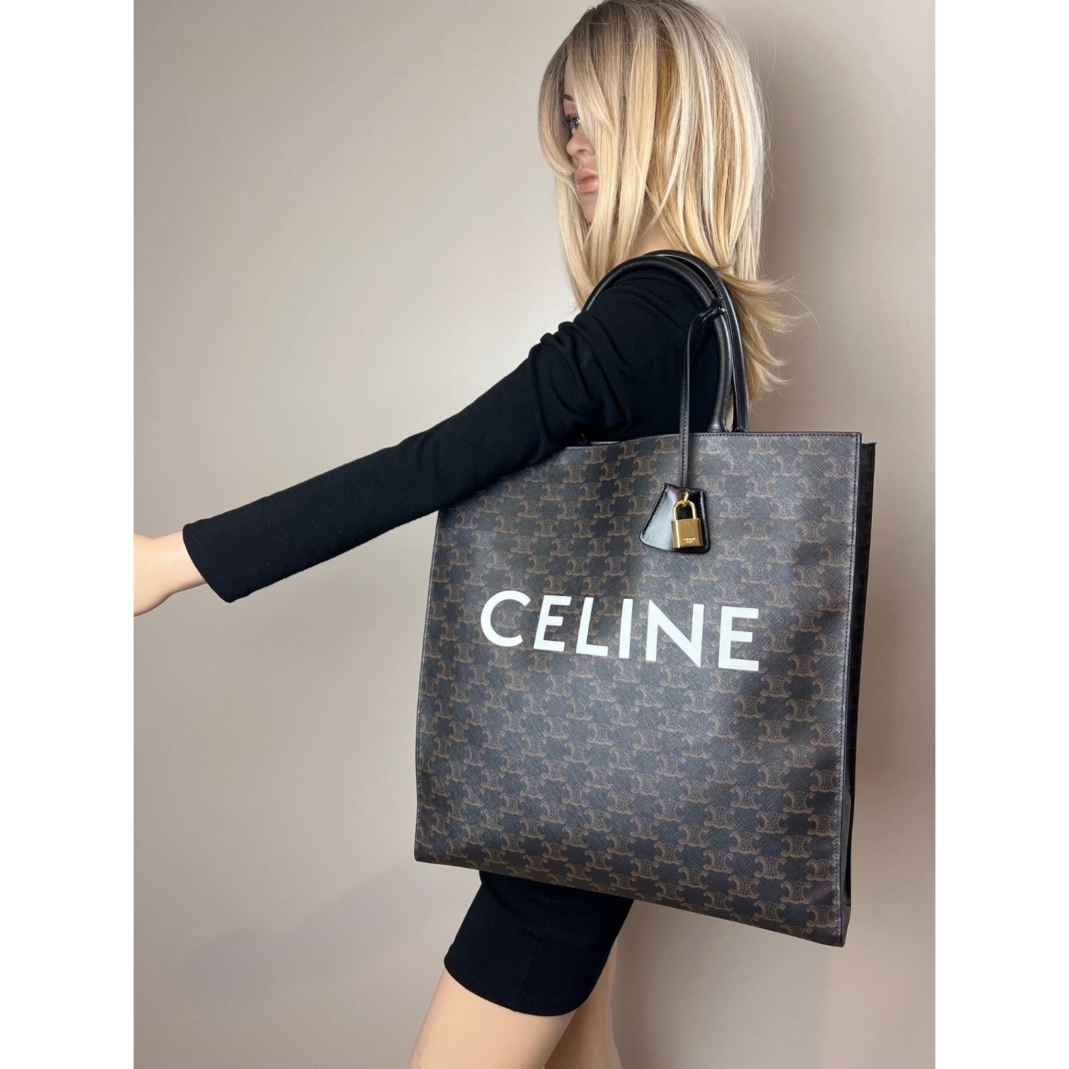Celine Triomphe Vertical Cabas Black Monogram Canvas Tote - HOUSE OF SHE
