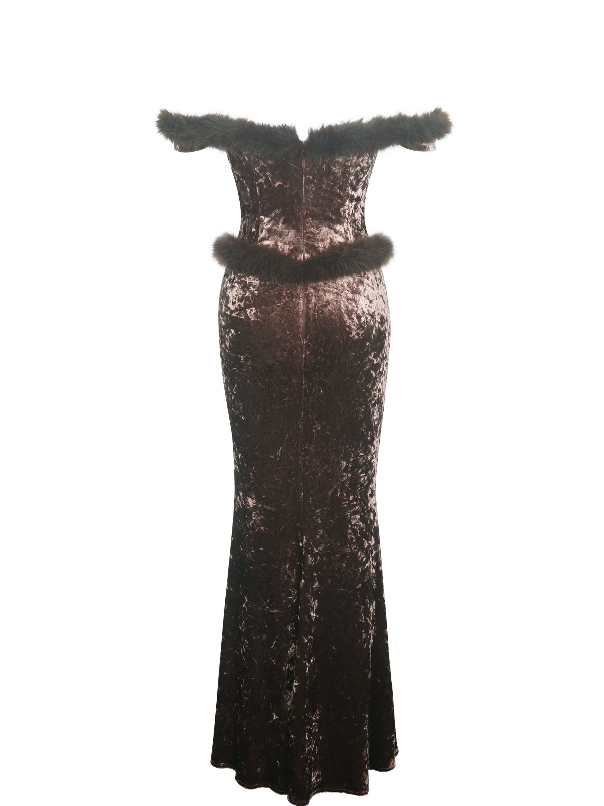 Tessa Coffee Sweetheart Bardot Faux Fur Velvet Mermaid Maxi Dress