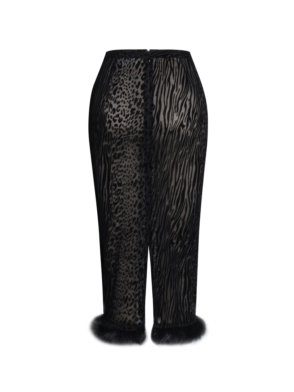 Halia Black Animal Print Burnout Velvet Fur Trim Skirt - HOUSE OF SHE