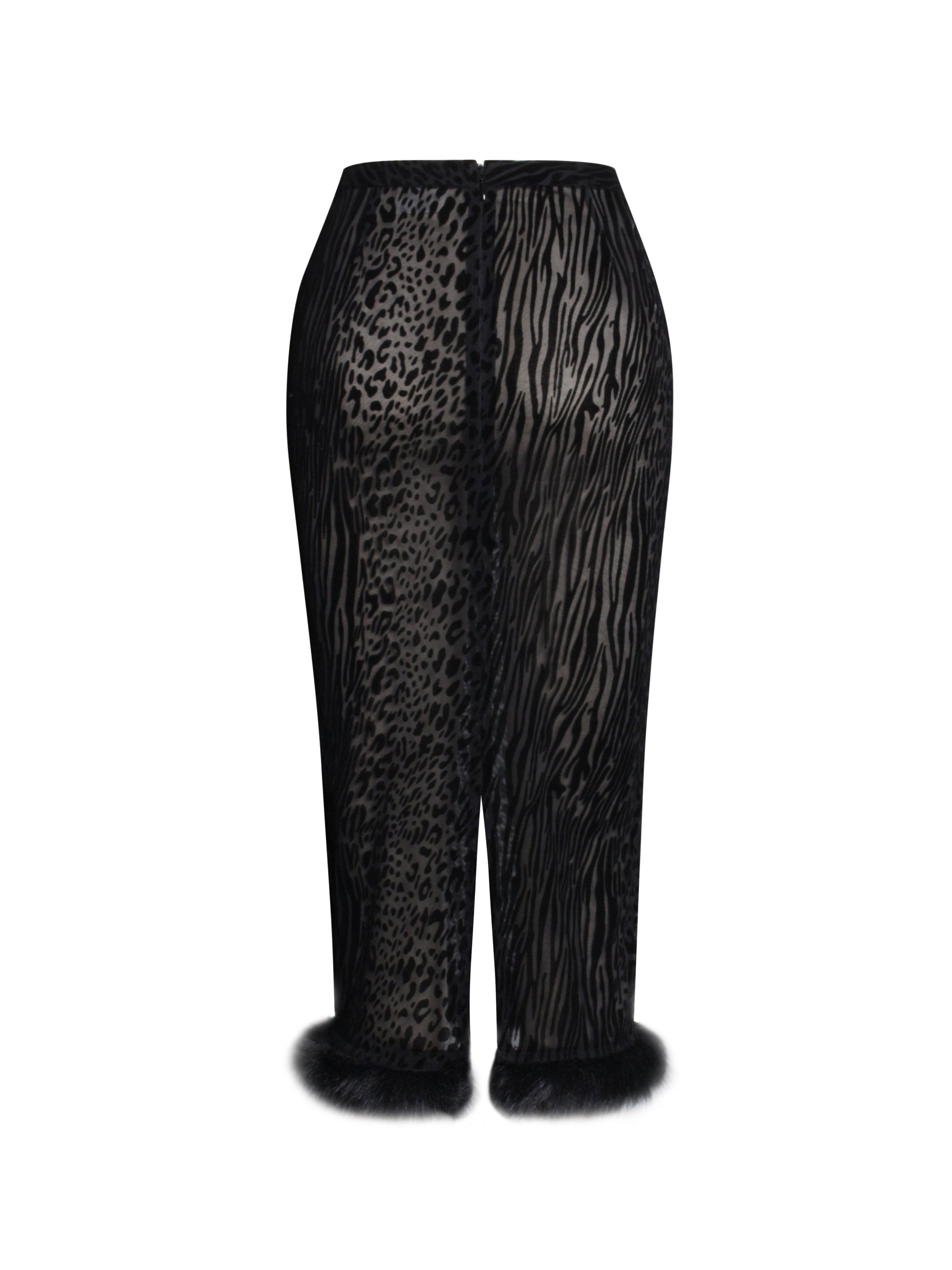 Halia Black Animal Print Burnout Velvet Fur Trim Skirt - HOUSE OF SHE