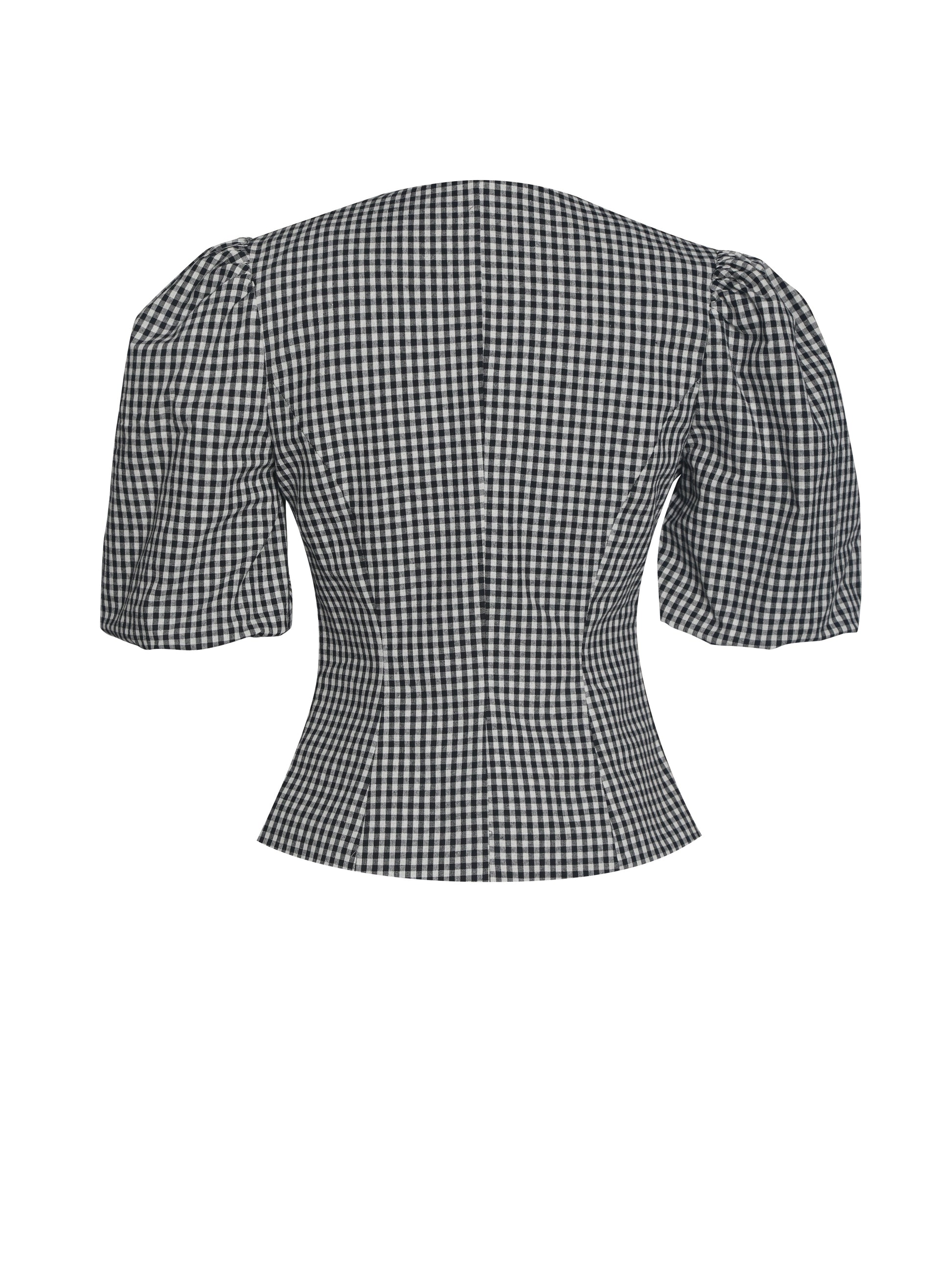 Qusayla Black Gingham Bubble Sleeve Bowtie Top - HOUSE OF SHE