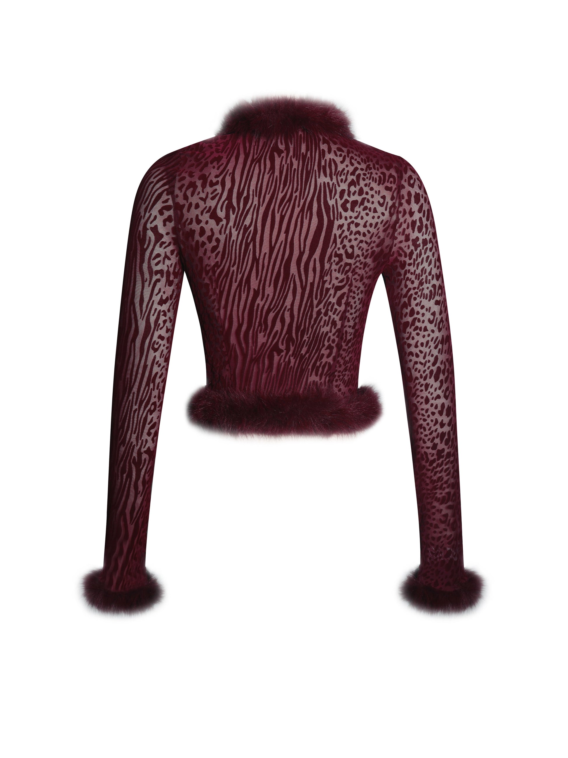Hali Burgundy Animal Print Burnout Velvet Fur Trim Top - HOUSE OF SHE