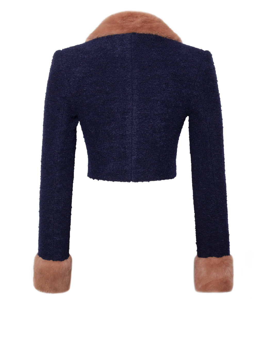 Wava Navy Blue Fur Cropped Boucle Wool Jacket - HOUSE OF SHE