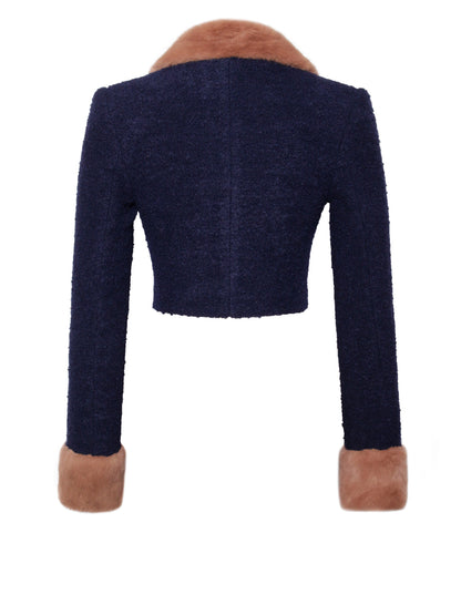 Wava Navy Blue Fur Cropped Boucle Wool Jacket