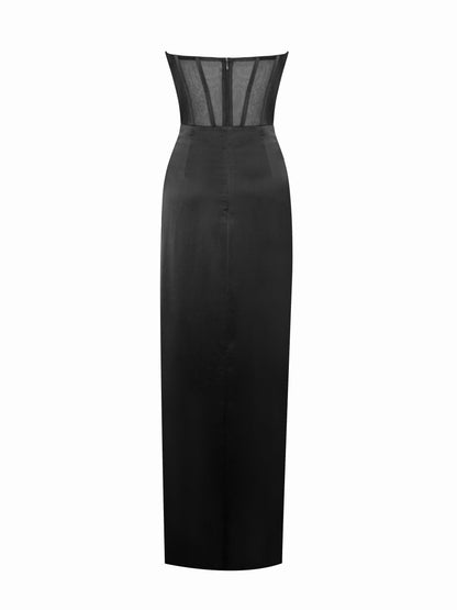 Talia Black Satin Lace Corset Maxi Dress  HOUSE OF SHE