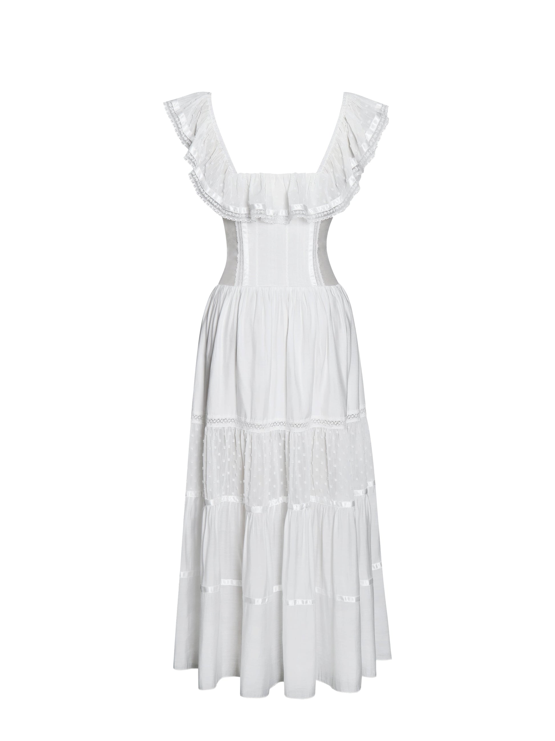 Eden Square Neck Ruffle Trim High Waist Midi Dress - HOUSE OF SHE