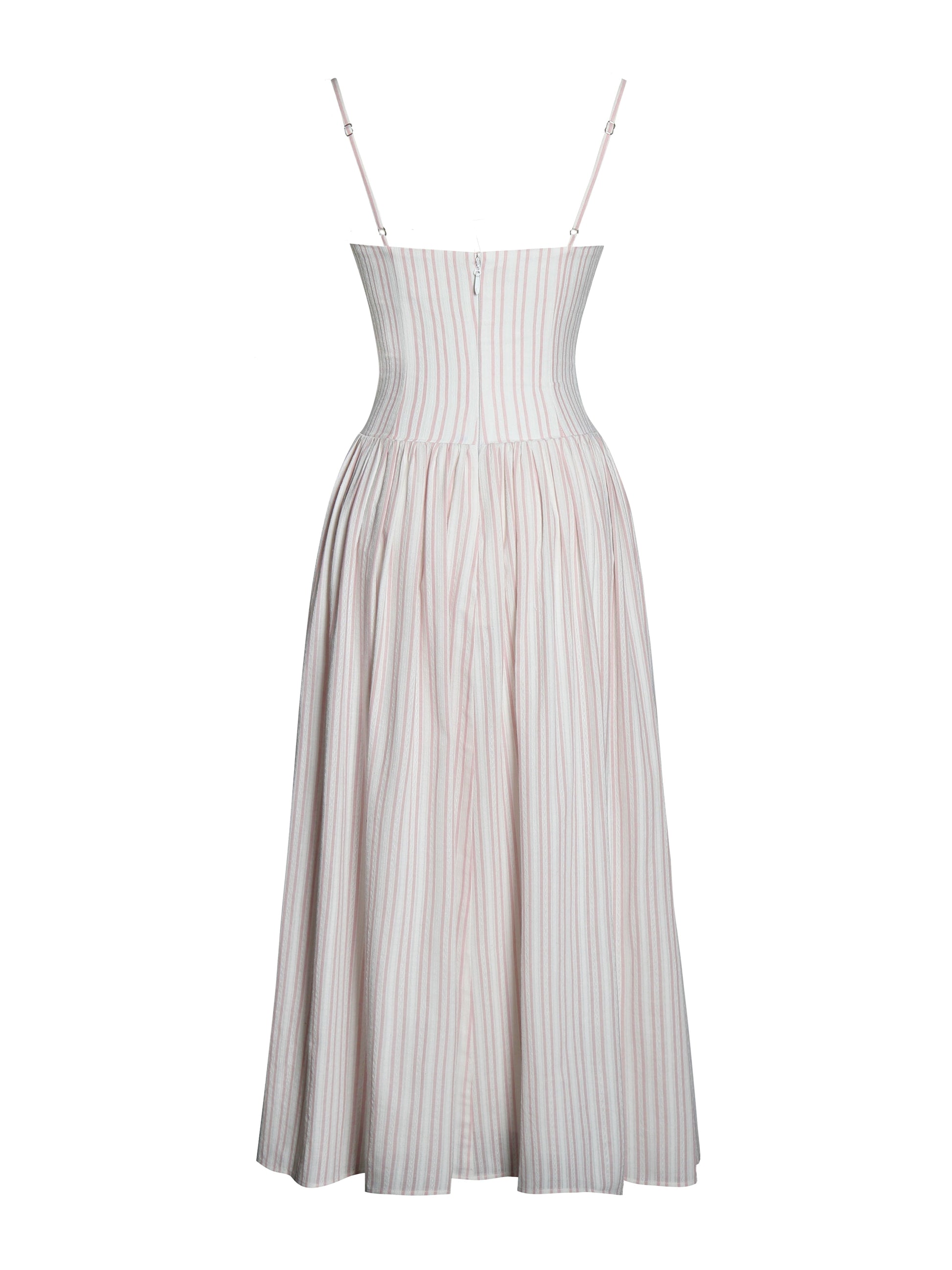 Zania Pink Stripe Ruched Breast Cotton Jacquard Midi Dress