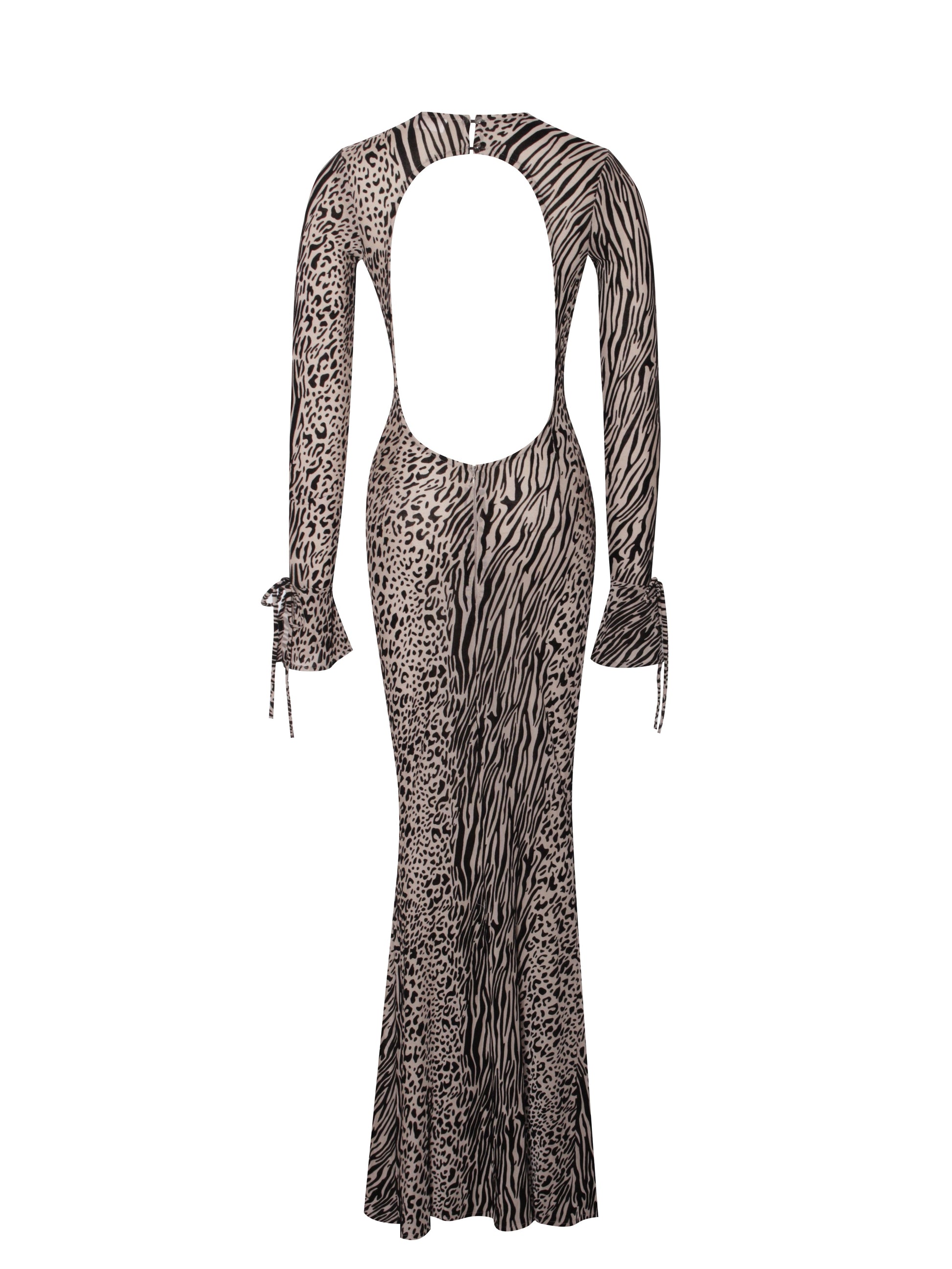 Waylynn Nude Black Animal Print Burnout Velvet Detail Mesh Backless Maxi Dress - HOUSE OF SHE