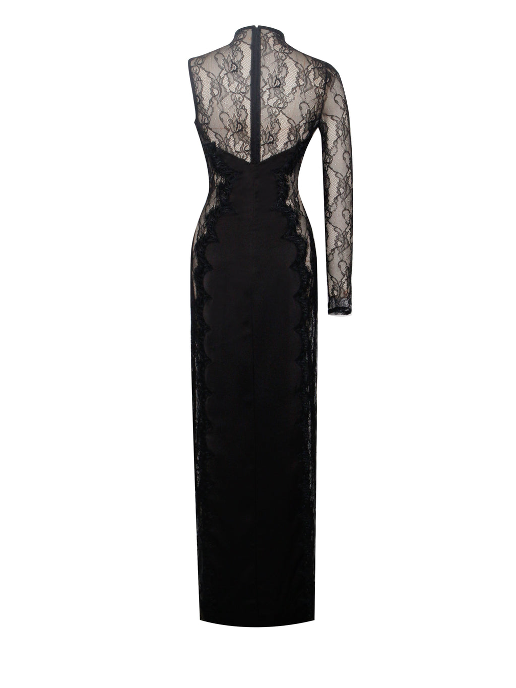 Weslyn Black Satin Lace High Slit Dress  HOUSE OF SHE