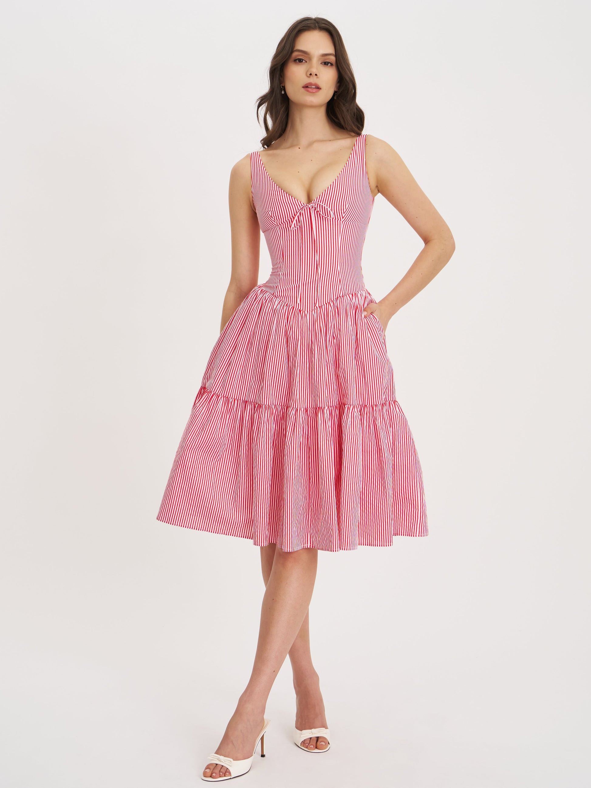 Oceana Red Candy Stripe Drop Waist Midi Dress - HOUSE OF SHE