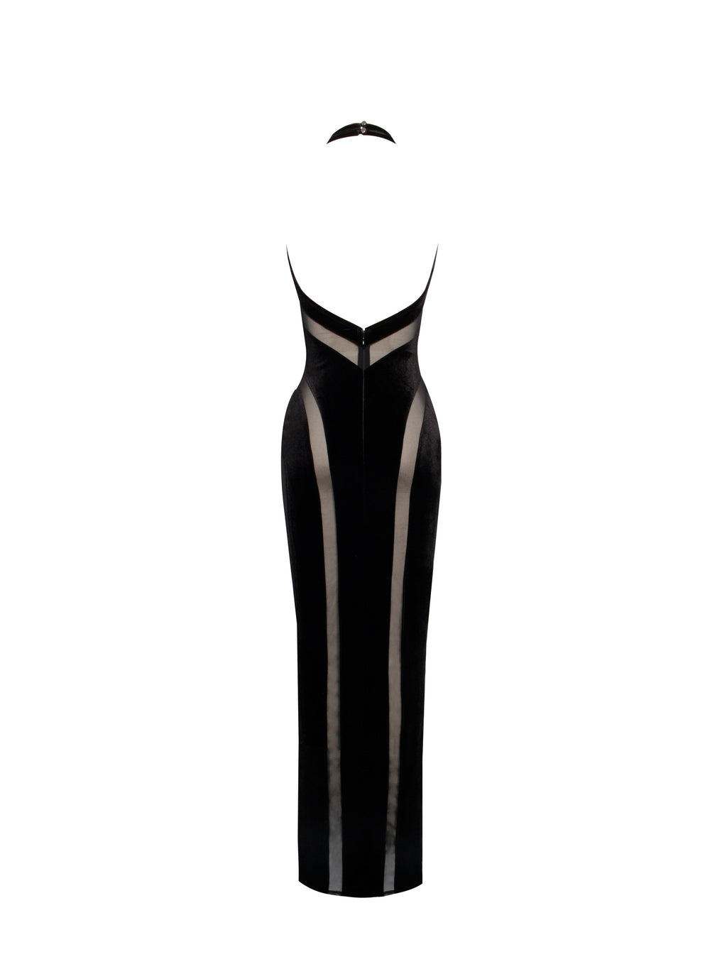 Paityn Black Velvet Mesh Cutout Halter Gown - HOUSE OF SHE