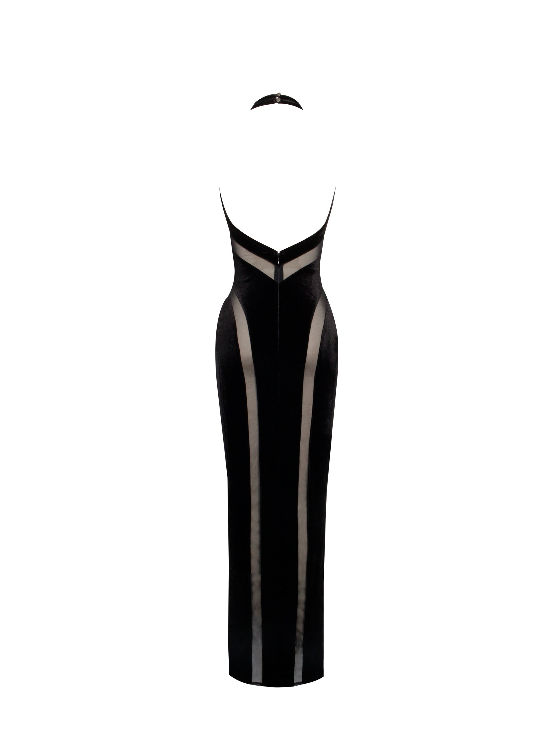 Paityn Black Velvet Mesh Cutout Halter Gown - HOUSE OF SHE