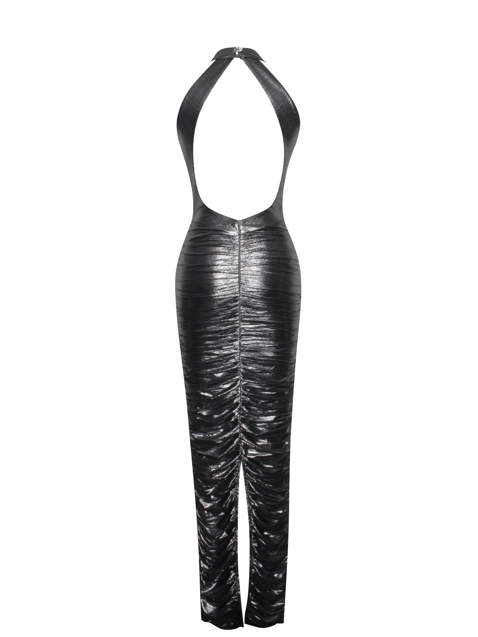 Abril Ruched Silver Glitter Backless Gown - HOUSE OF SHE