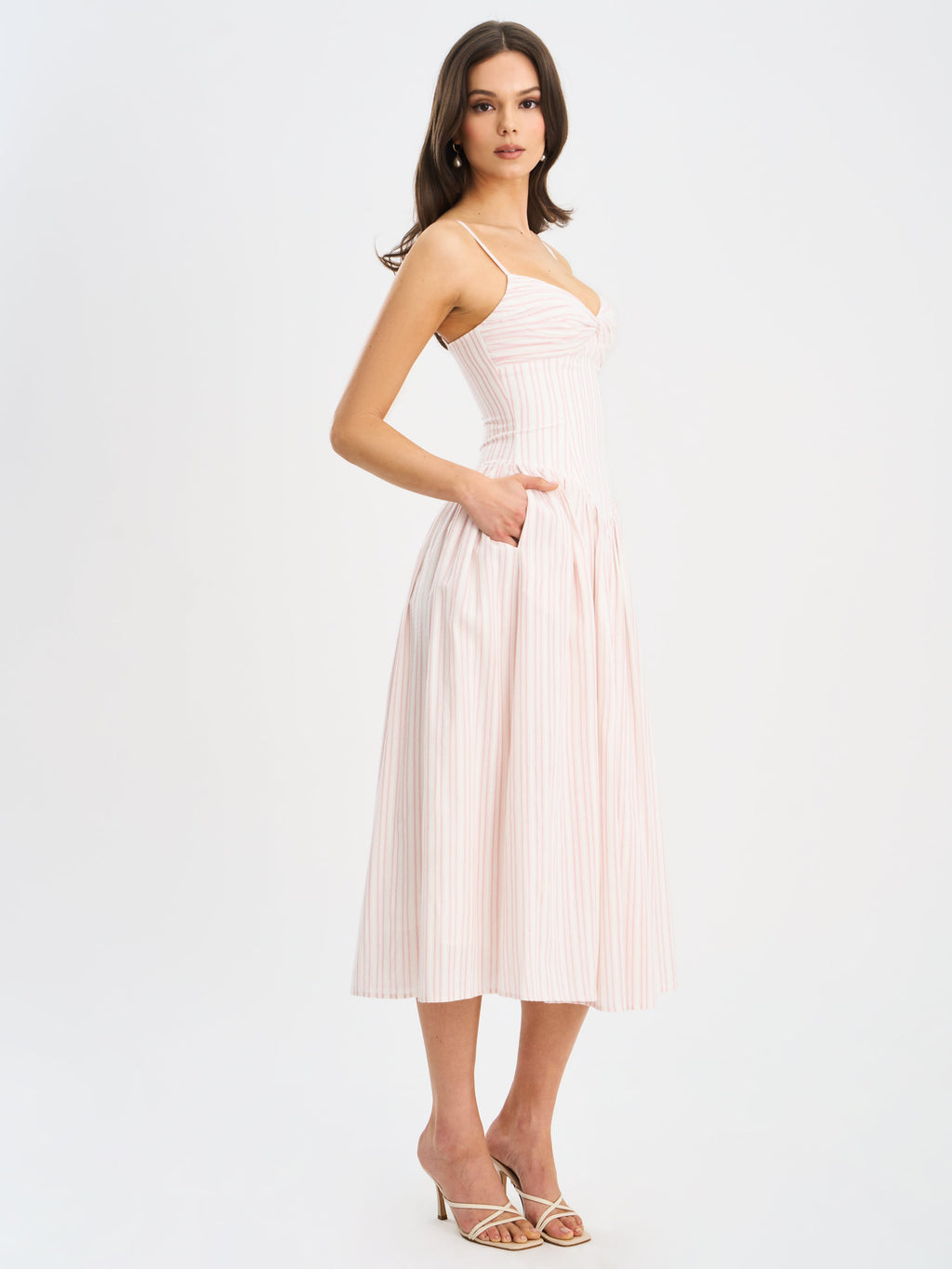 Zania Pink Stripe Ruched Breast Cotton Jacquard Midi Dress