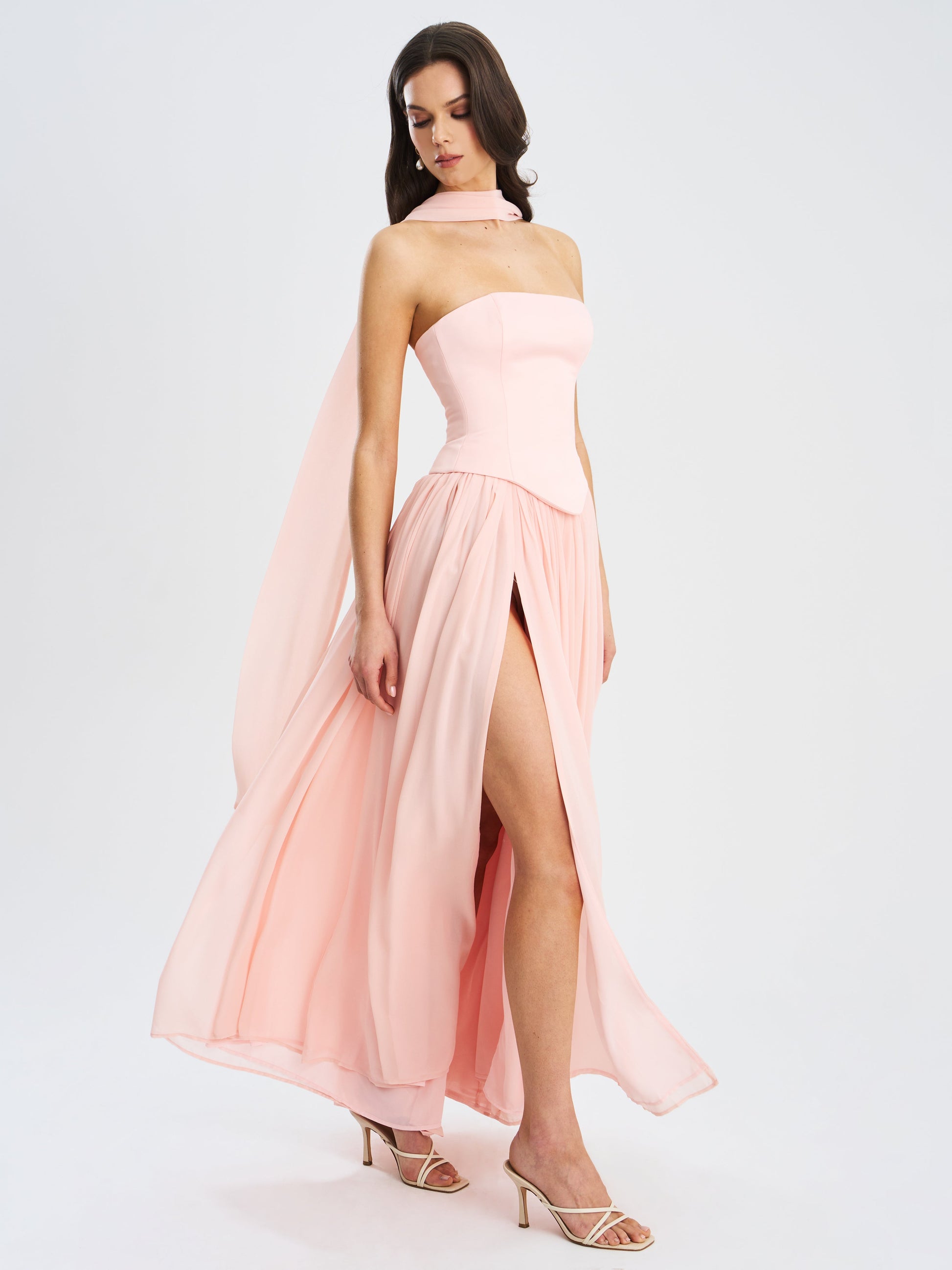 Qianna Baby Pink Peplum Drop Waist Chiffon Gown