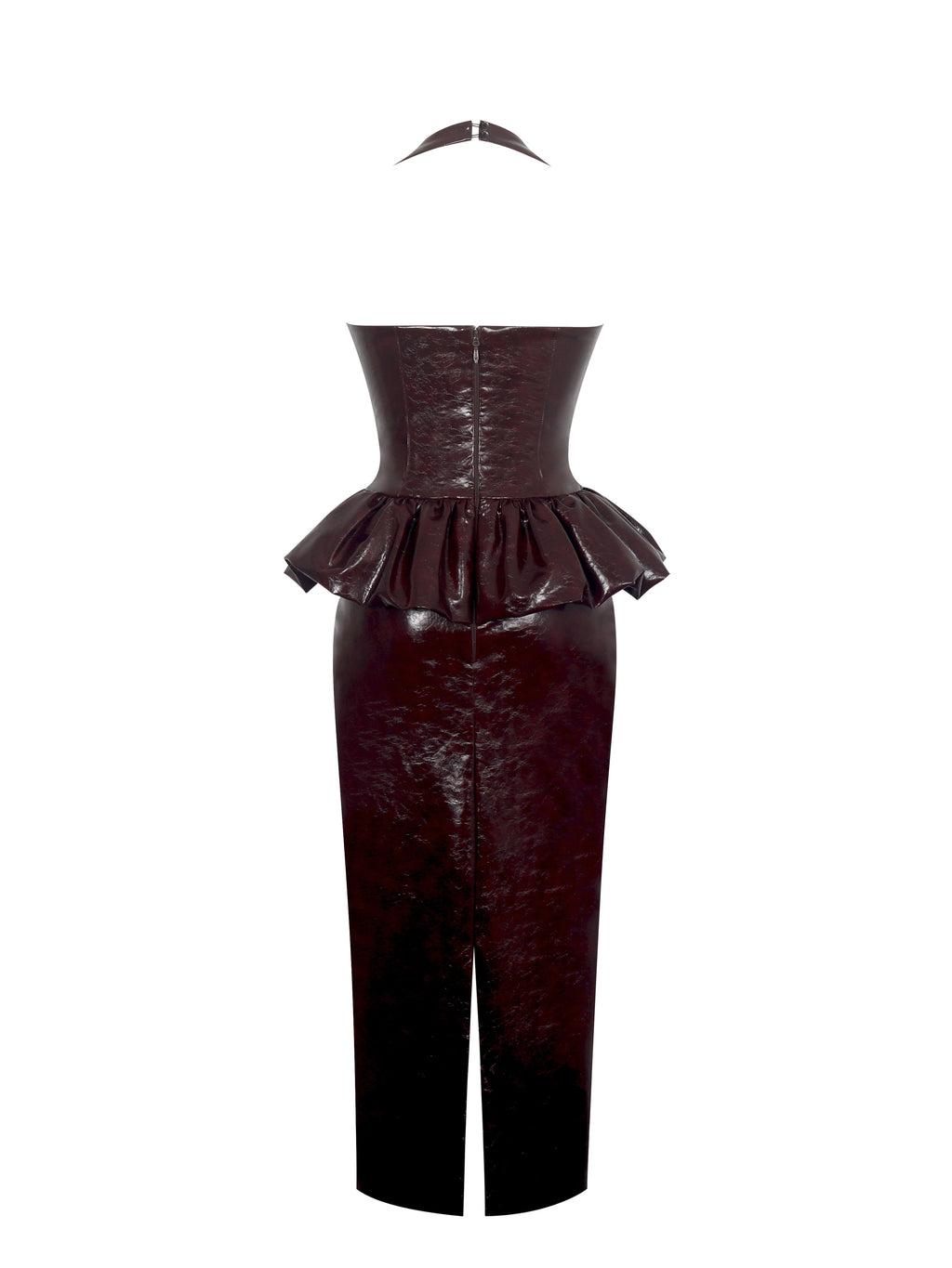 Jaslene Mahogany Ruched Peplum Plunge Halter Midi Dress