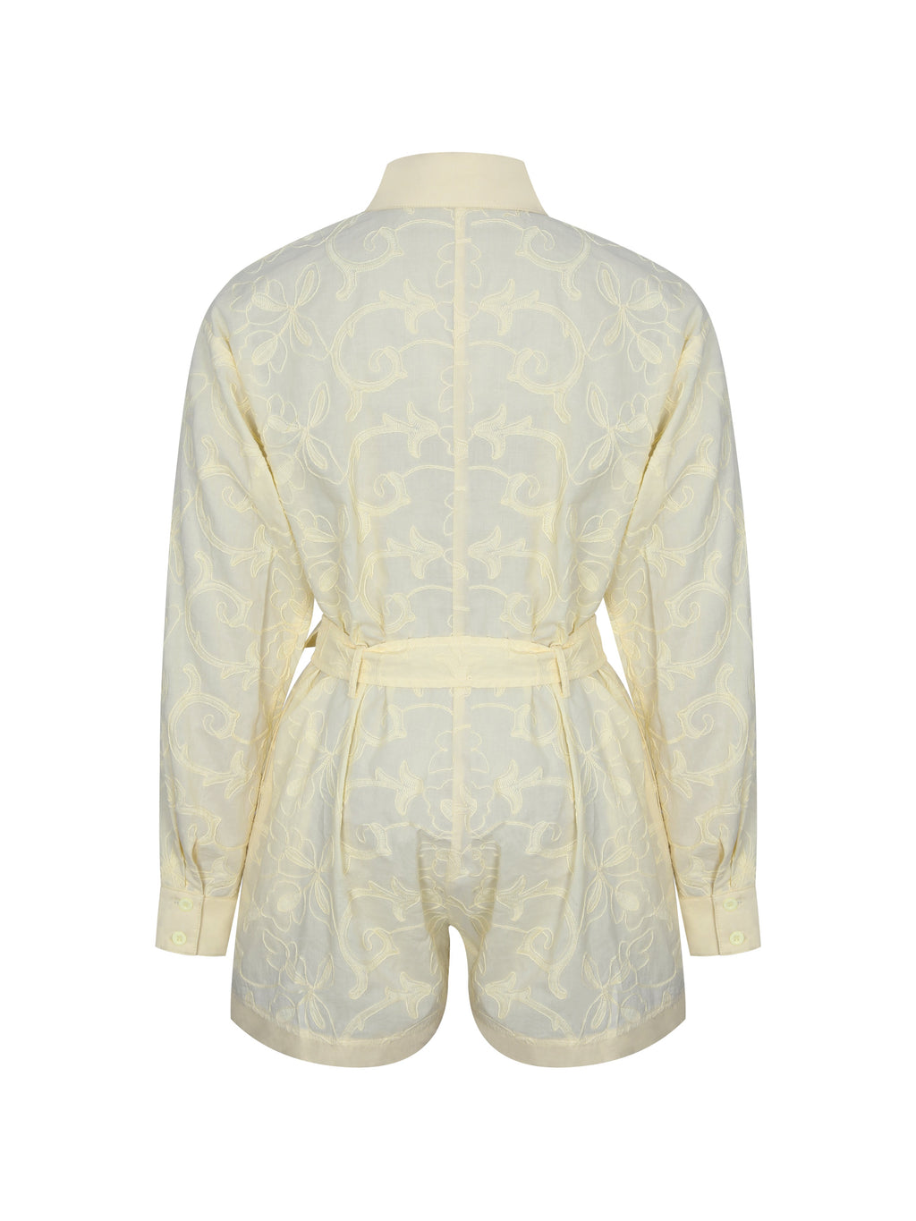 Malou Lemon Yellow Embroidered Poplin Belted Shirt Romper