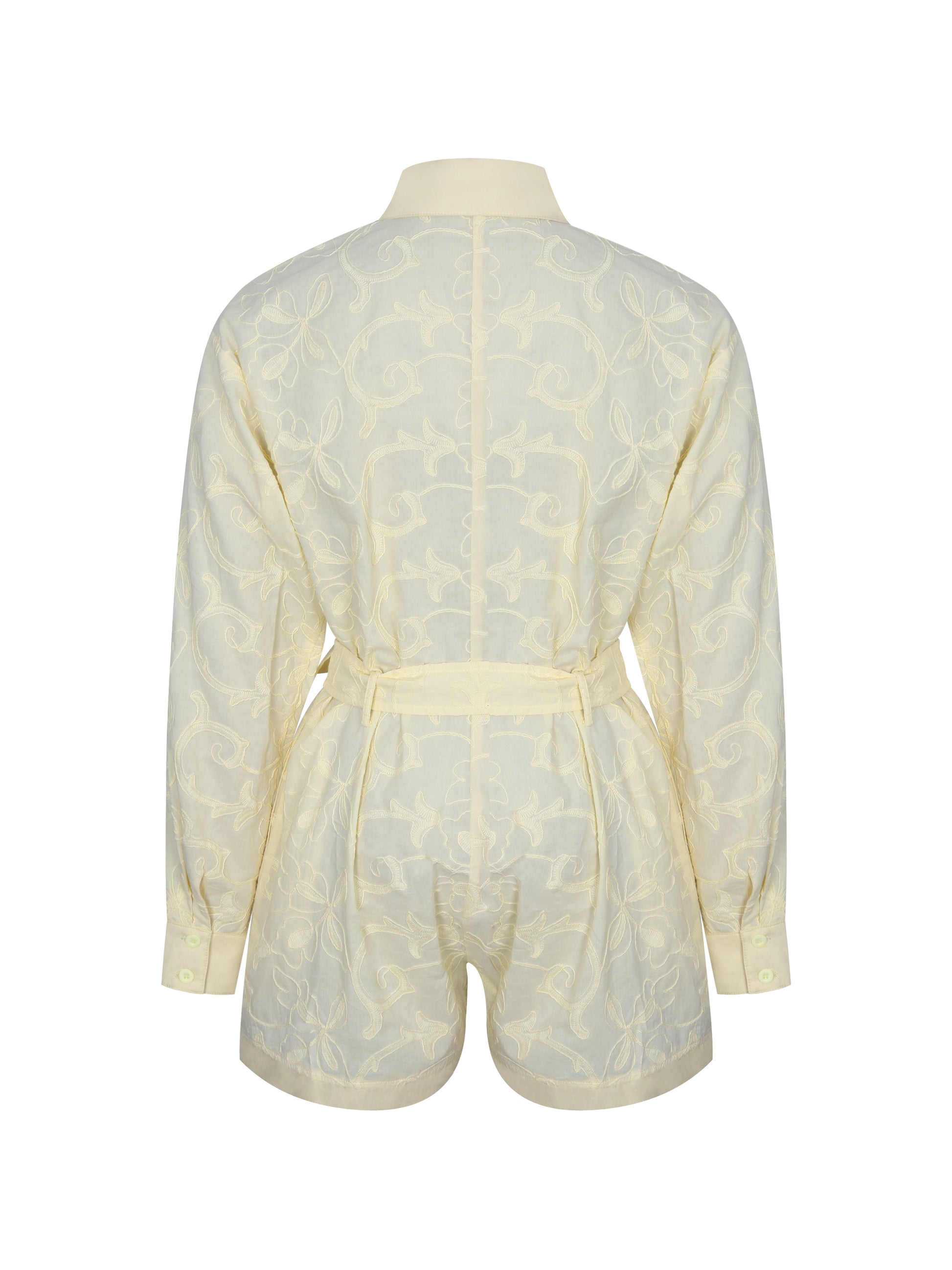 Malou Lemon Yellow Embroidered Poplin Belted Shirt Romper
