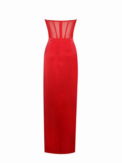 Lia Red Satin Lace Corset Maxi Dress  HOUSE OF SHE