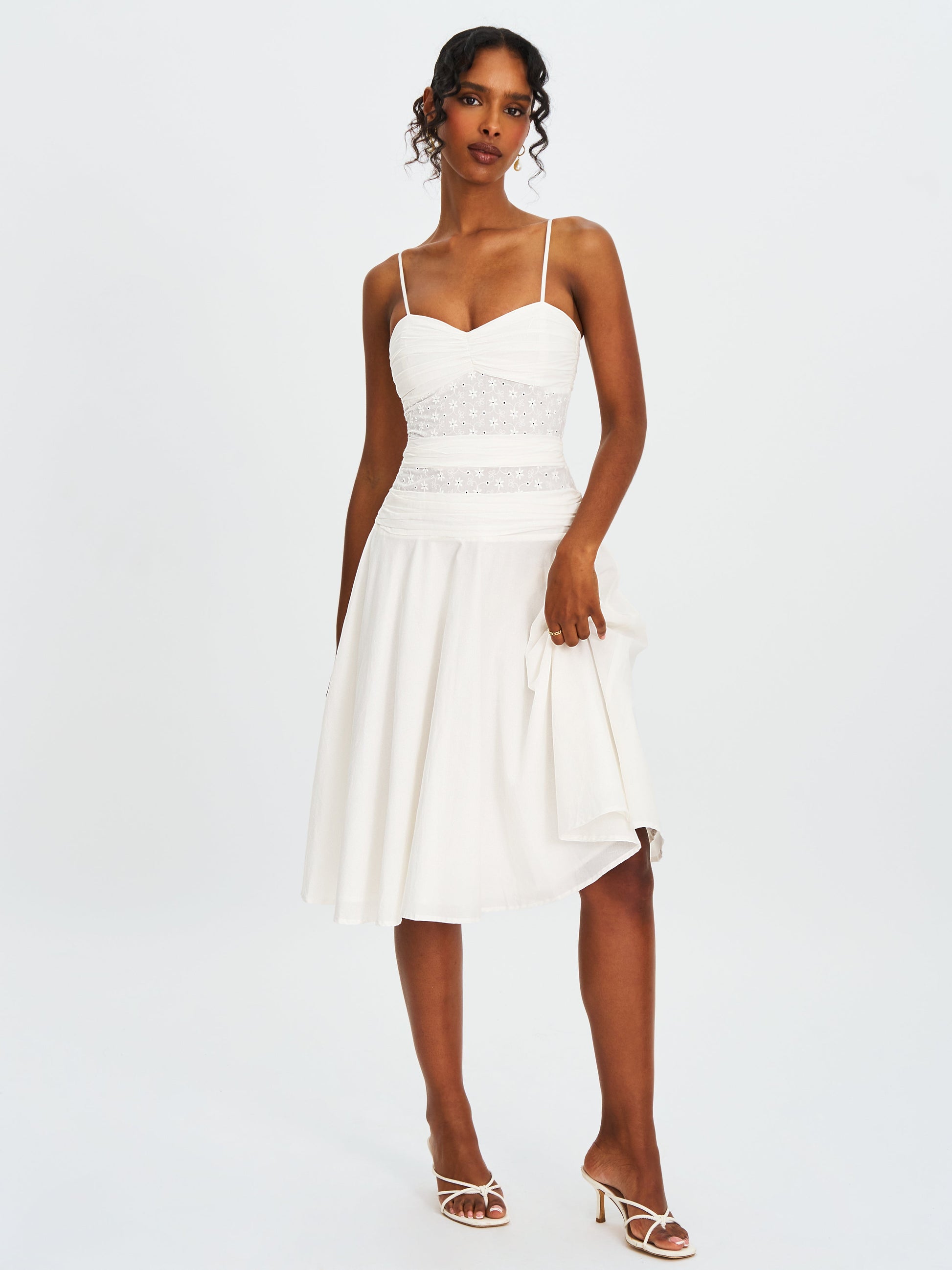Maelis White Eyelet Drop Waist Cotton Midi Dress - HOUSE OF SHE