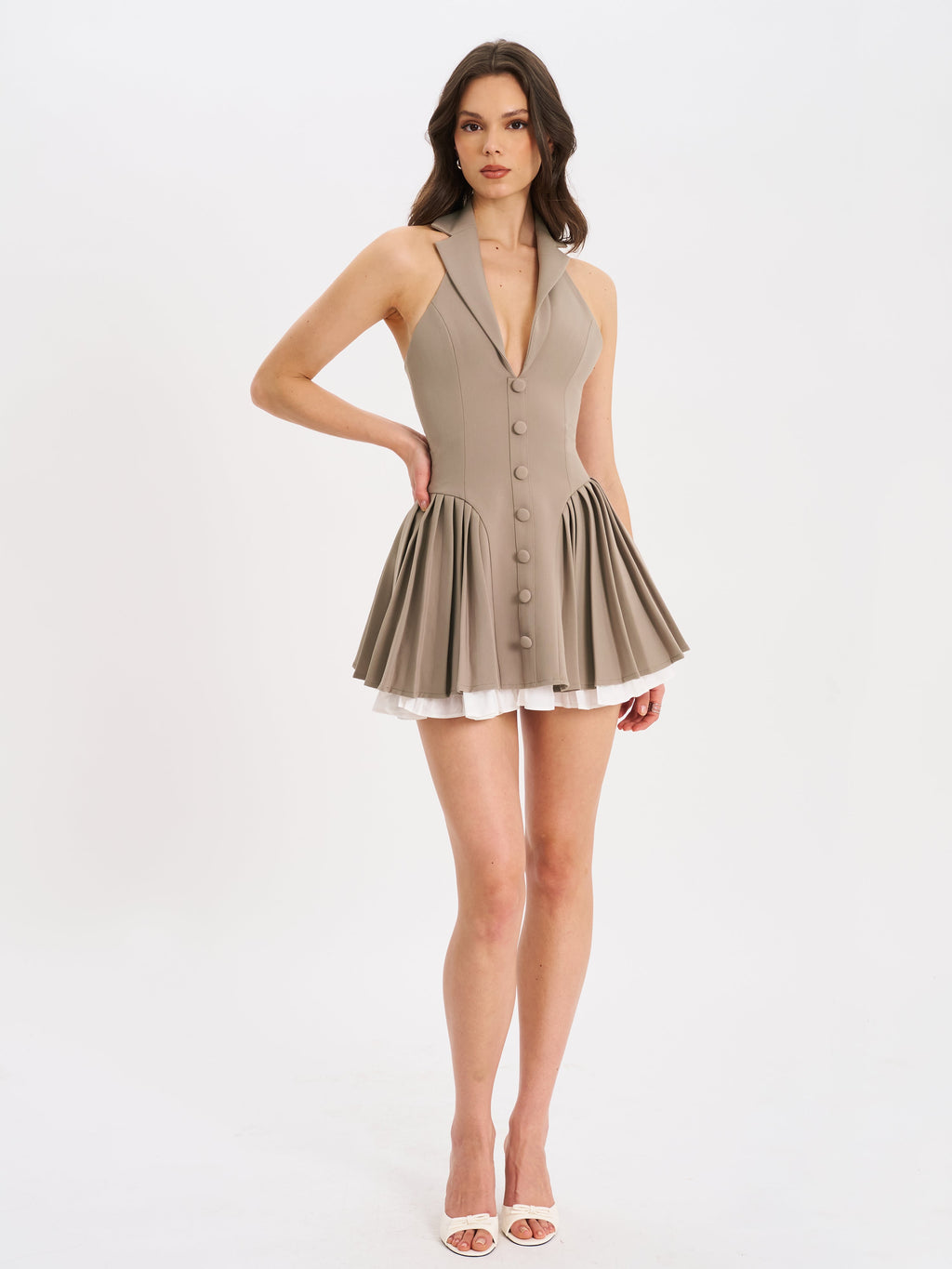 Hazel Brown Preppy Halter Neck Pleated Mini Dress - HOUSE OF SHE