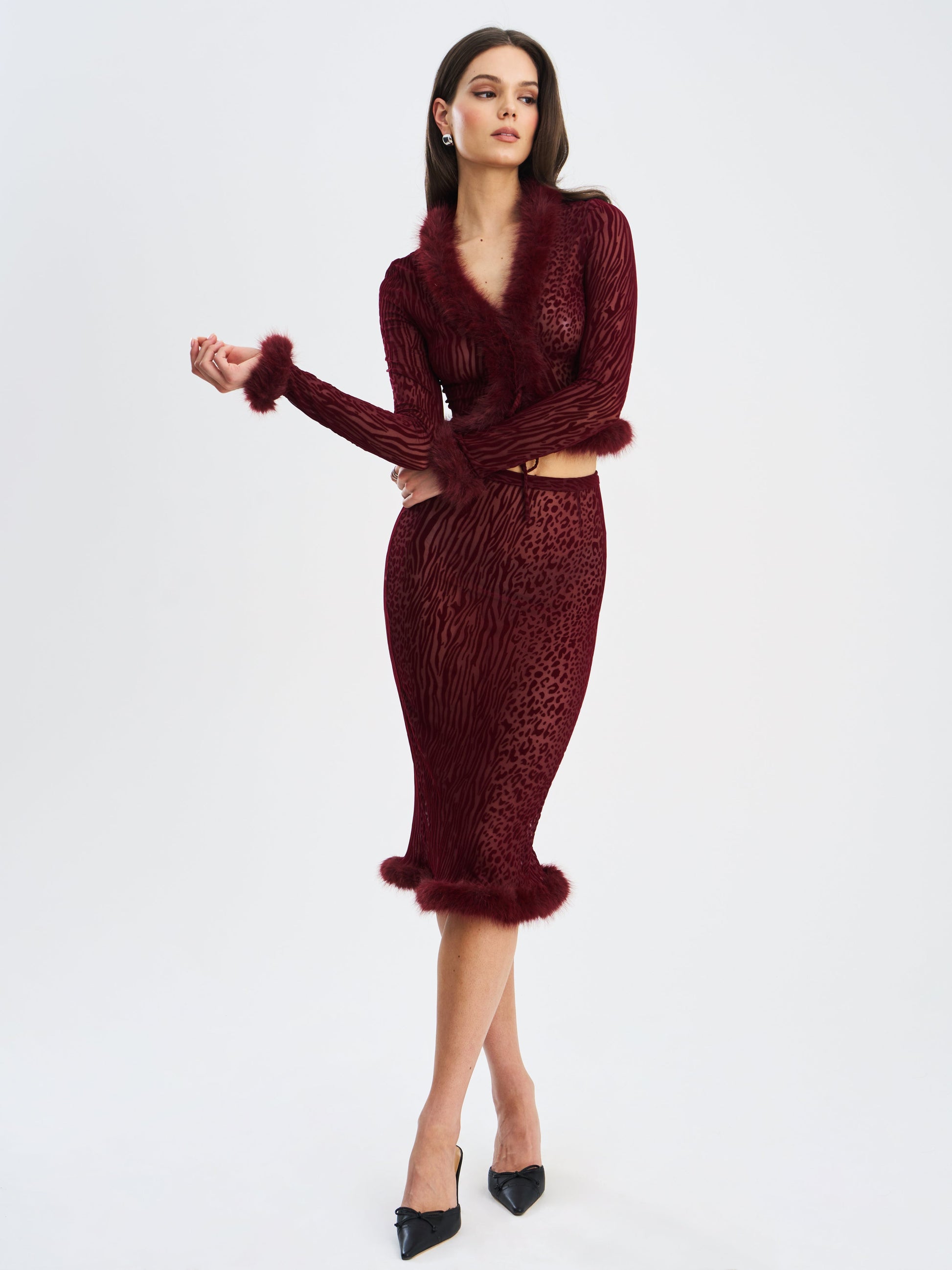 Hali Burgundy Animal Print Burnout Velvet Fur Trim Top - HOUSE OF SHE