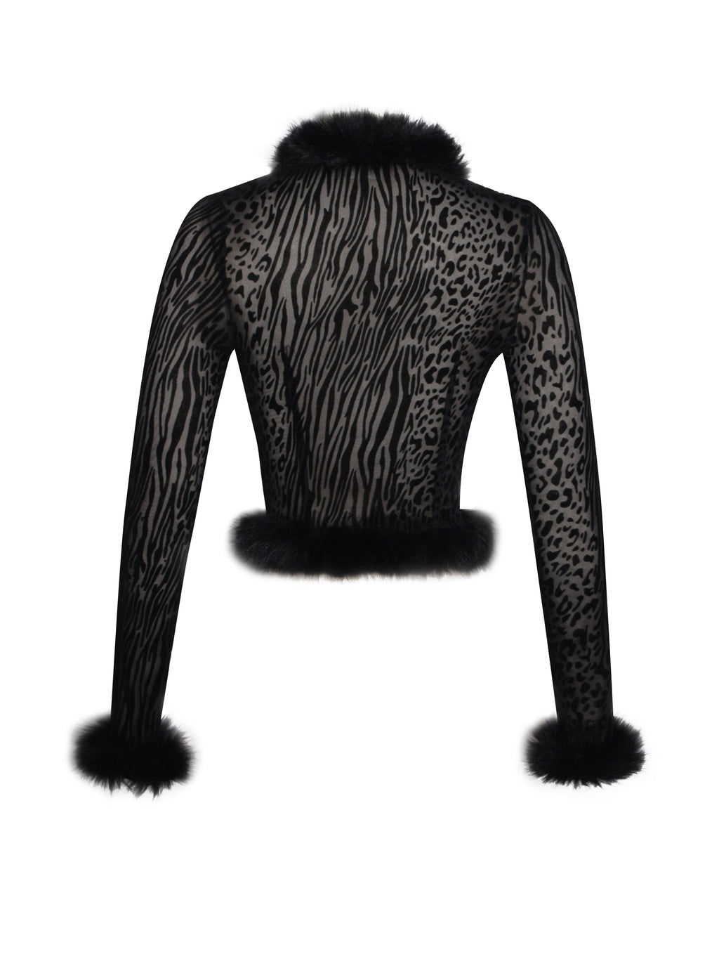 Hali Black Animal Print Burnout Velvet Fur Trim Top - HOUSE OF SHE
