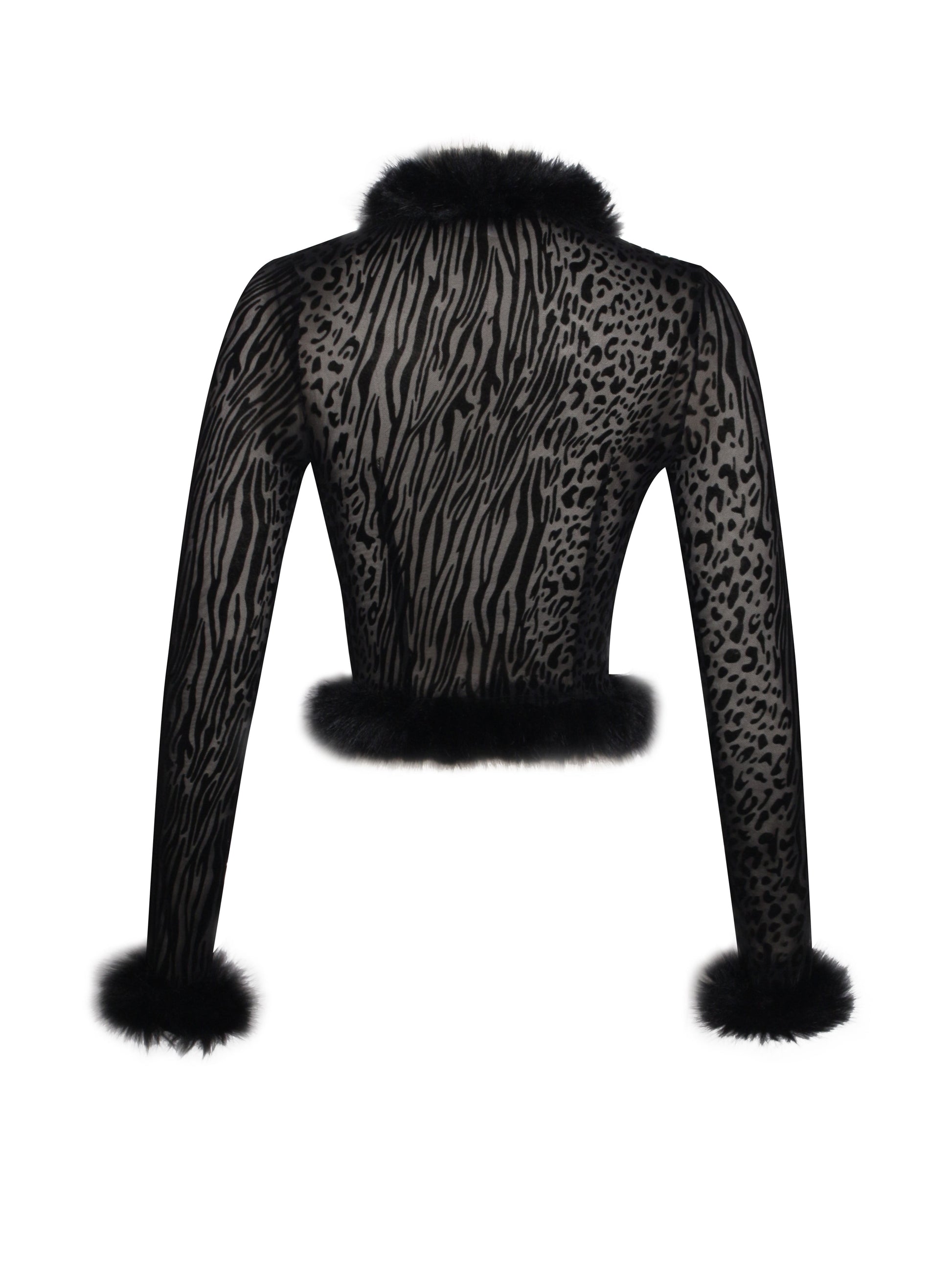 Hali Black Animal Print Burnout Velvet Fur Trim Top - HOUSE OF SHE