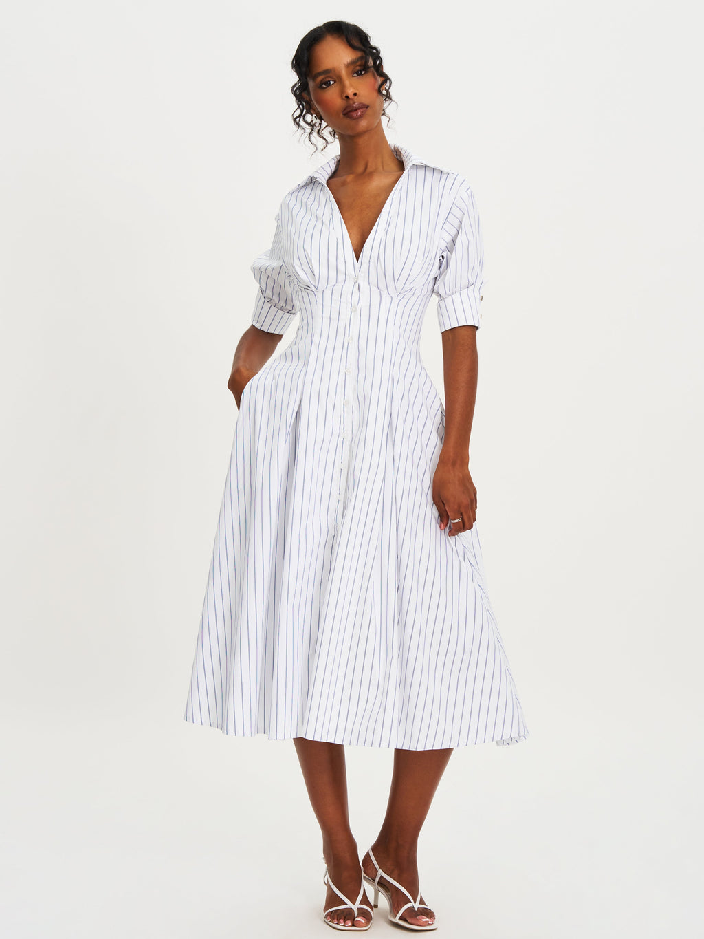 Palina Pinstripes Cotton Poplin Pleated Midi Preppy Shirt Dress - HOUSE OF SHE